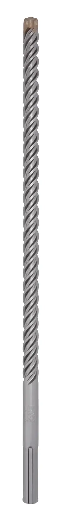 A single long, spiral metal masonry drill bit with a chisel tip, shown vertically against a white background.