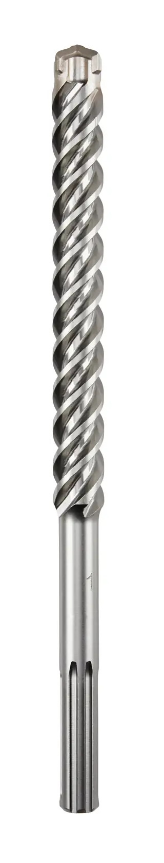 A single metal rotary hammer drill bit with a spiral flute design, photographed on a white background.