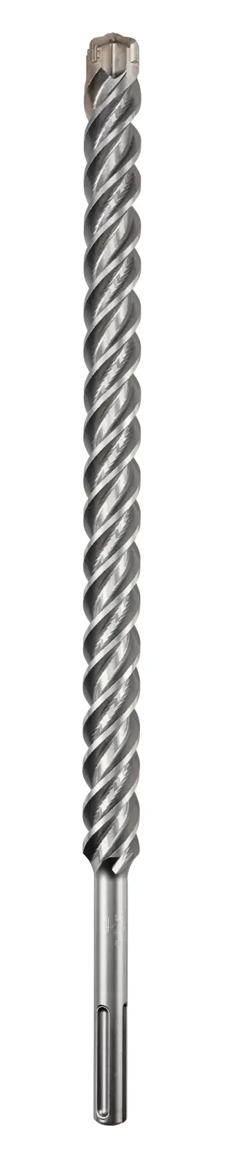 A long, metallic masonry drill bit with a spiral design for use with rotary hammer drills, shown on a white background.