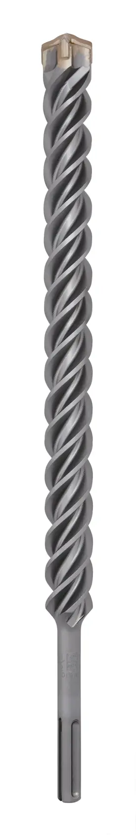 A close-up image of a long, spiral masonry drill bit with a pointed tip, designed for use with rotary hammer drills.