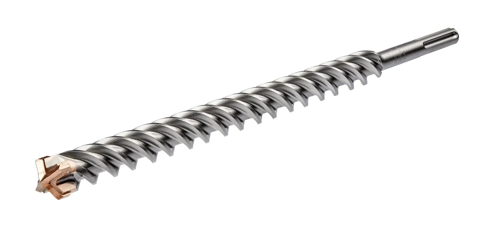 A DEWALT SDS drill bit with a spiral flute design and a carbide tip, positioned diagonally on a white background.