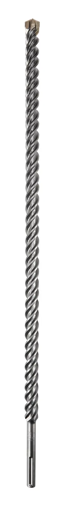A long, spiral-shaped metal drill bit with a chisel tip, designed for heavy-duty drilling applications.