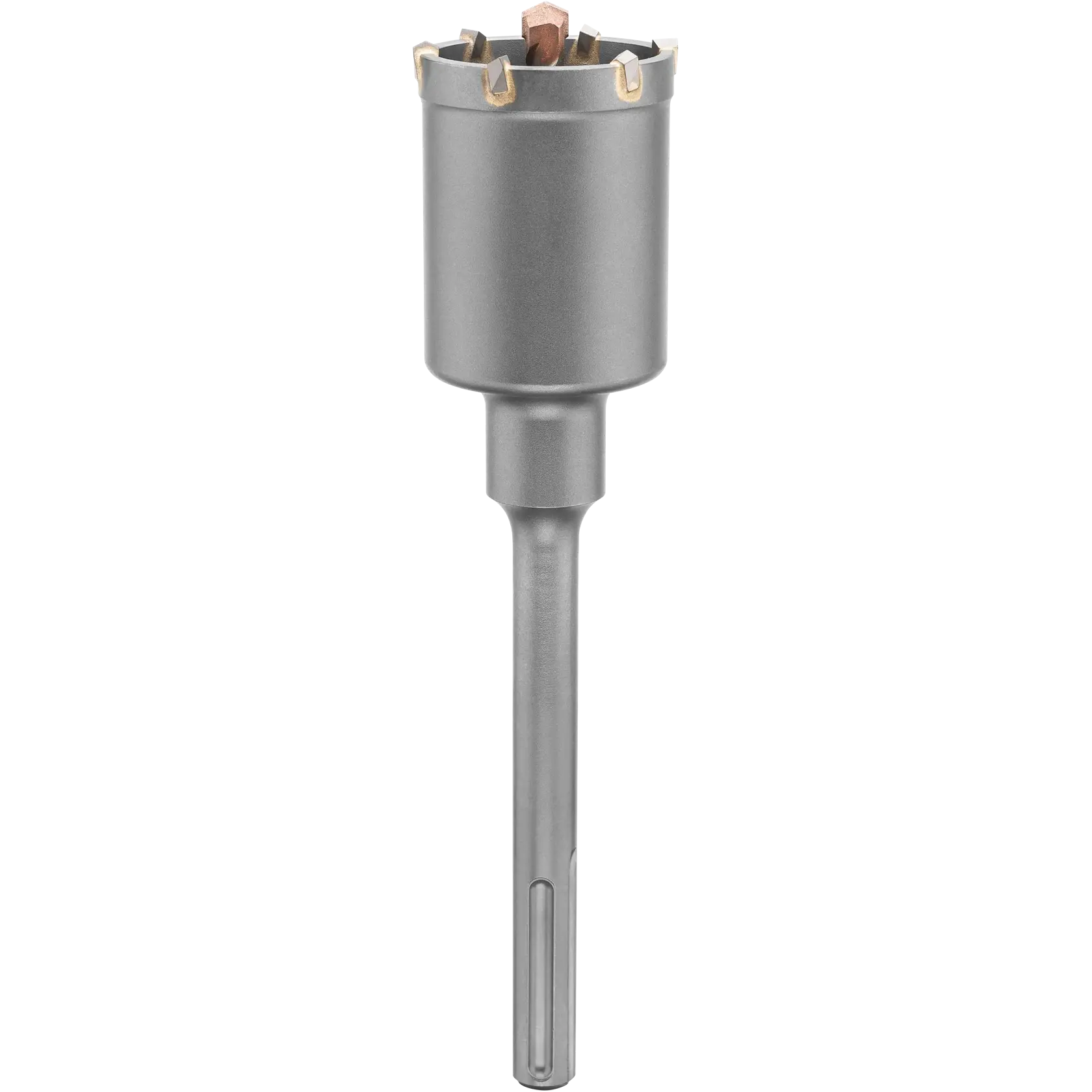 A close-up photo of a cylindrical metal masonry hole saw bit with carbide teeth, designed for use with drill tools.