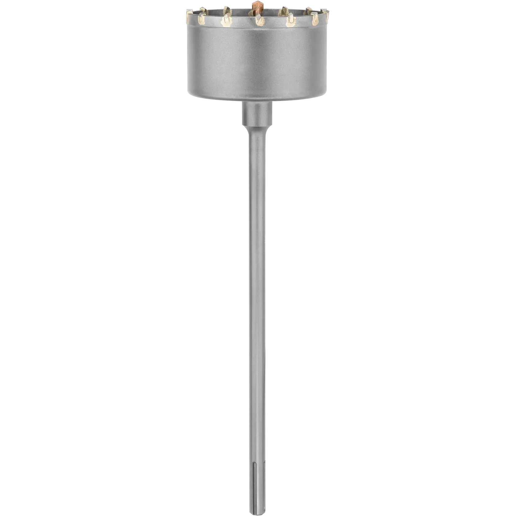 A DEWALT carbide-tipped masonry core drill bit with a cylindrical cutting head and a long shank, suitable for drilling large holes in concrete, brick, or stone.