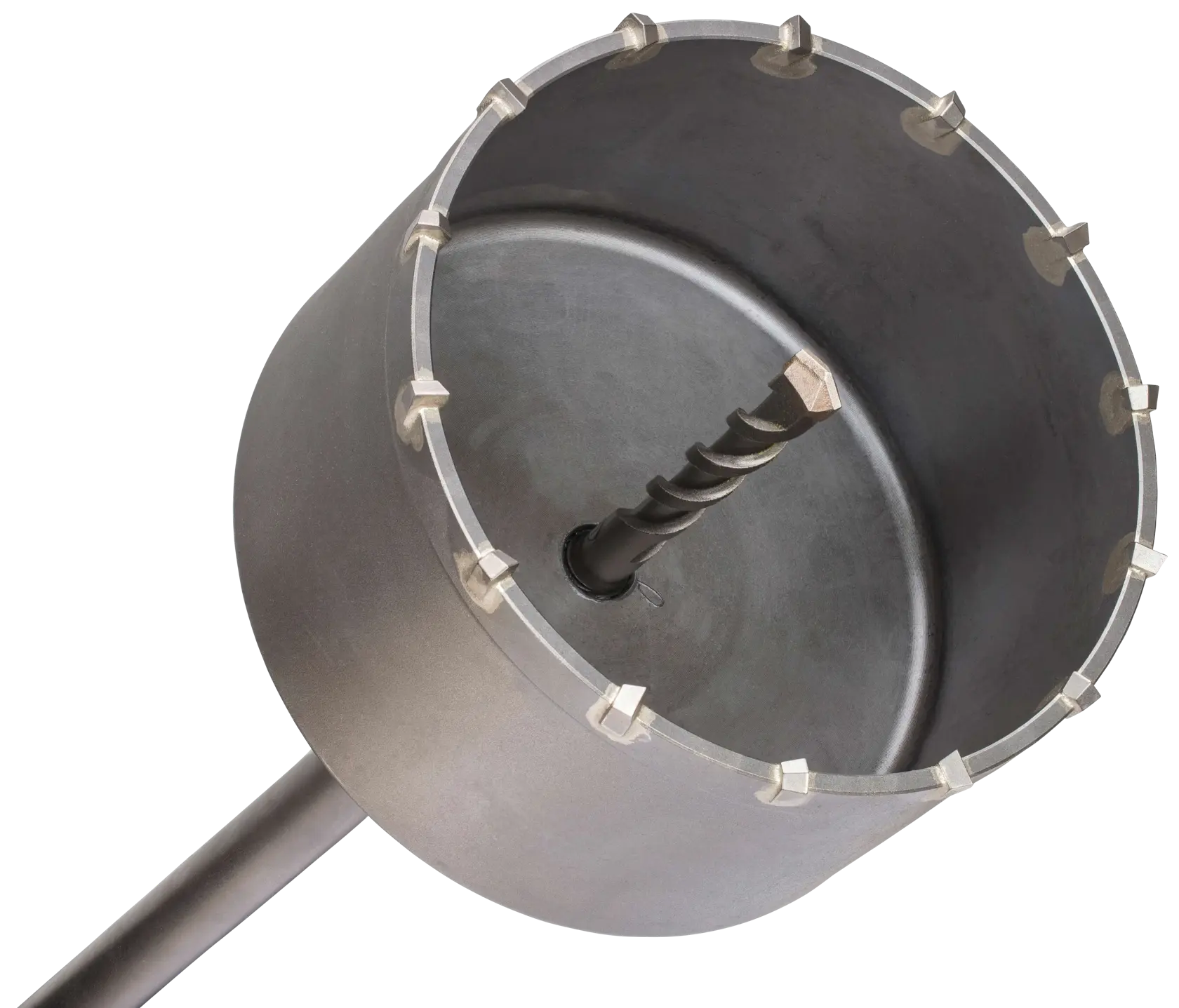 Close-up view of a DEWALT hole saw drill bit, designed for drilling large holes in masonry or concrete surfaces, showing the cutting edges and central pilot drill.