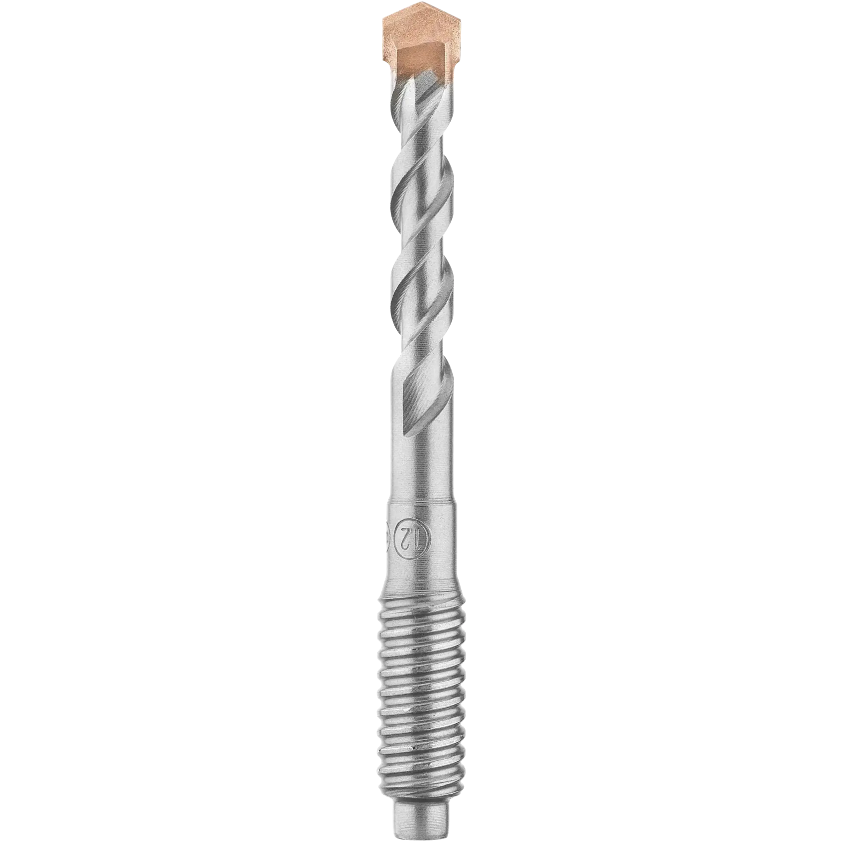 A close-up image of a DEWALT concrete drill bit with a spiral design and carbide tip, photographed against a white background.