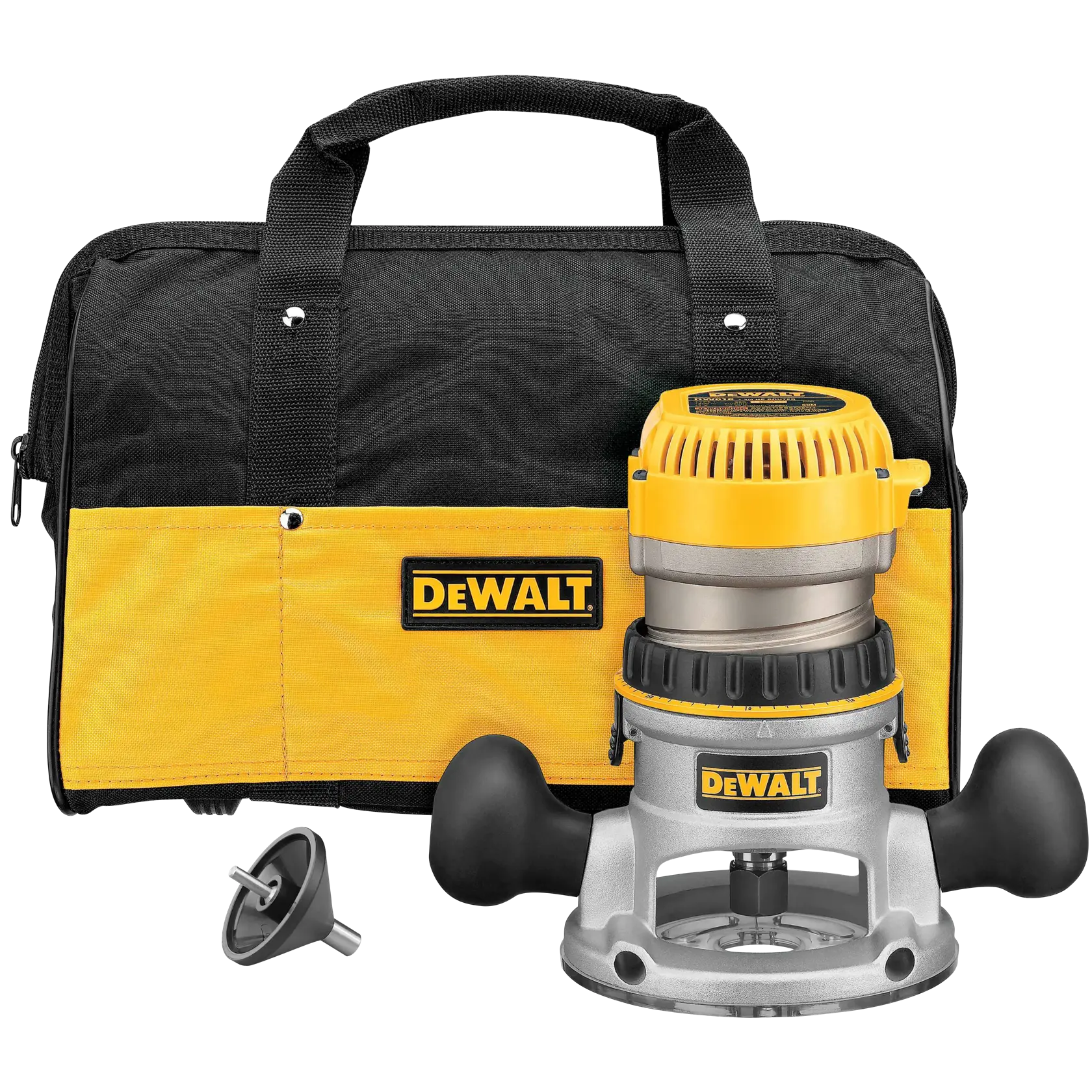 A DEWALT branded router tool kit including a yellow and black carrying bag, a metal router tool with black handles, and a small accessory, all displayed on a white background.