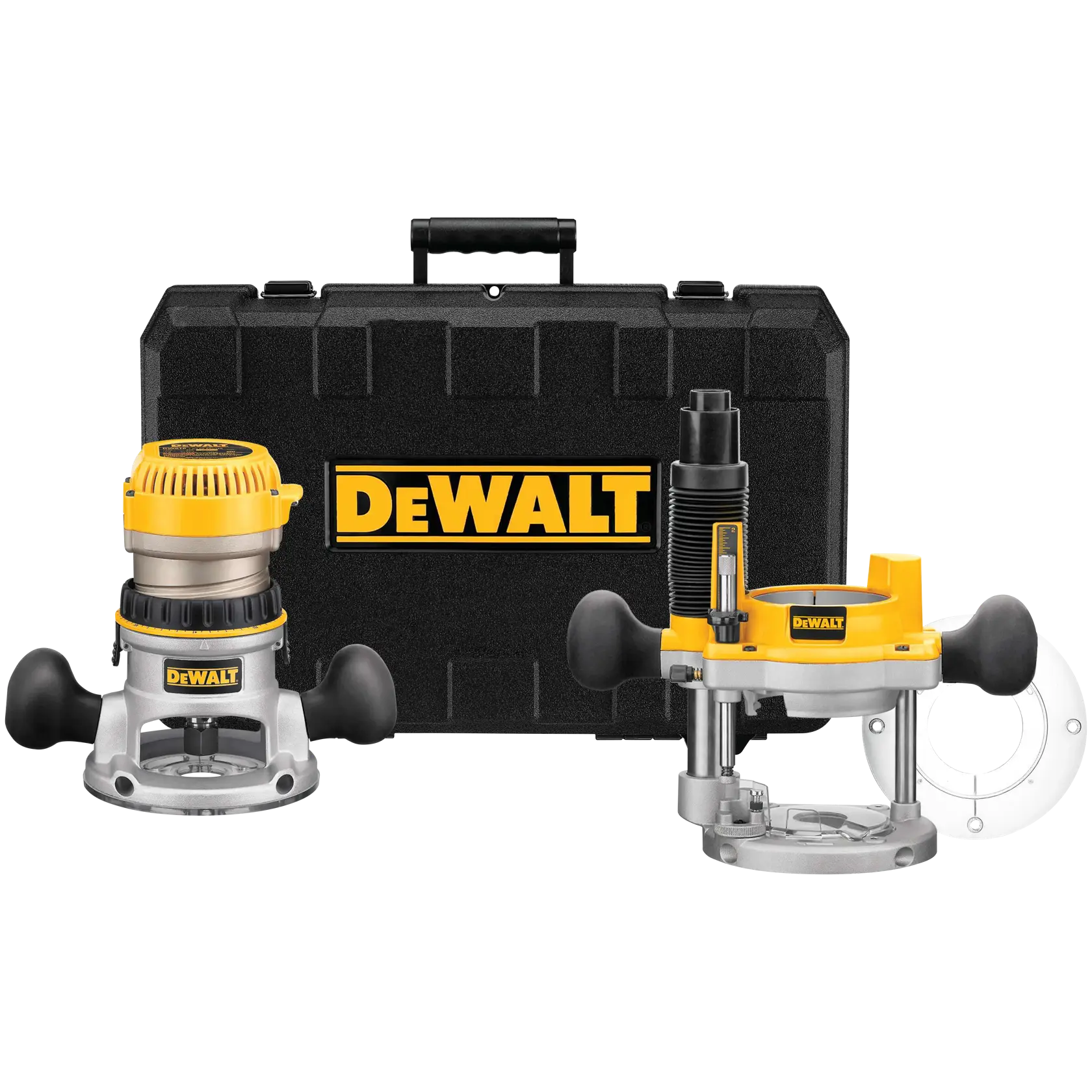 DEWALT router kit with yellow and black tools and accessories, including two router bases and a hard carrying case with DEWALT branding.