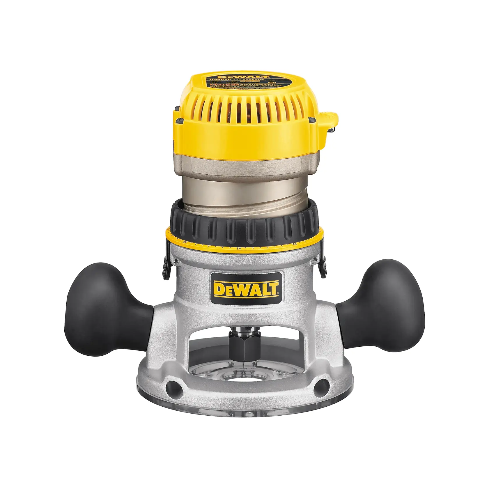 A DEWALT fixed base router tool with a yellow and silver body, black handles, and a DEWALT logo on the front. The router is used for woodworking and features a robust design for precision tasks.