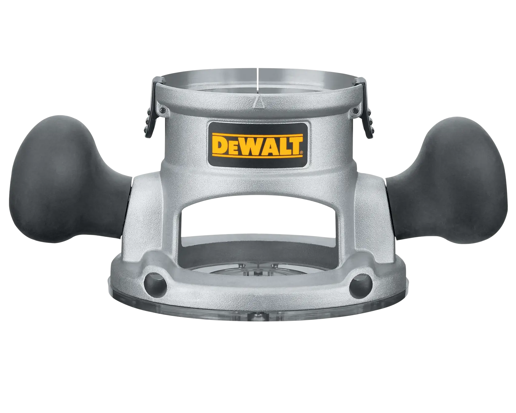 DEWALT router base with two black handles, made of metal, shown on a white background.