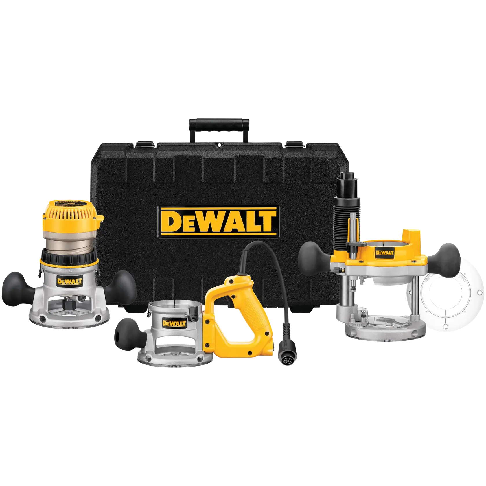 A DEWALT router kit displayed with a black carrying case and various yellow and silver router attachments. The kit includes a motor, multiple bases, and accessories for woodworking.
