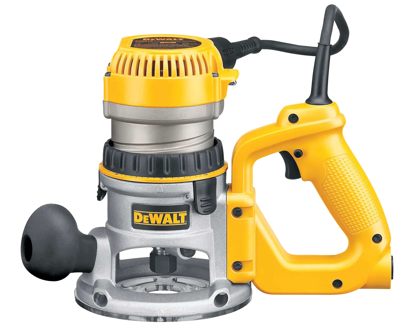 A DEWALT-branded electric wood router with a yellow and black design, featuring a side handle and a transparent base plate.