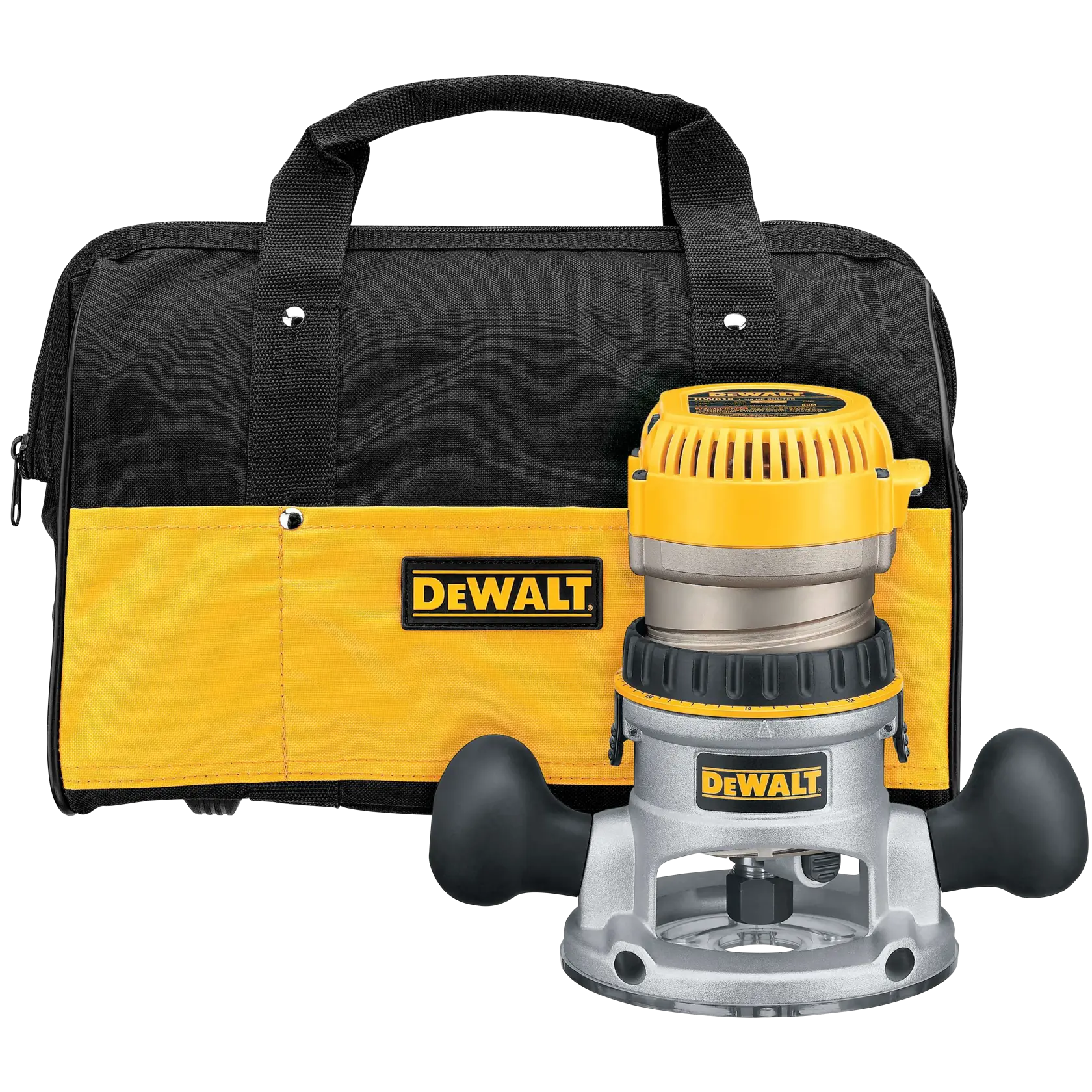A DEWALT wood router placed in front of a matching black and yellow DEWALT carrying bag.