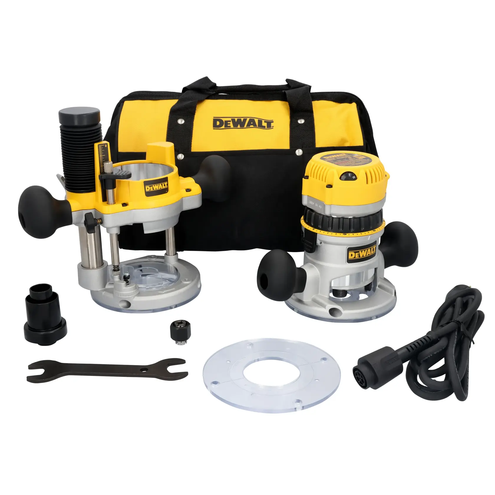 A DEWALT router kit is displayed, including a plunge base router, fixed base router, black and yellow carrying bag, wrench, clear round base plate, black cord, and additional accessories. All items are arranged on a white background.