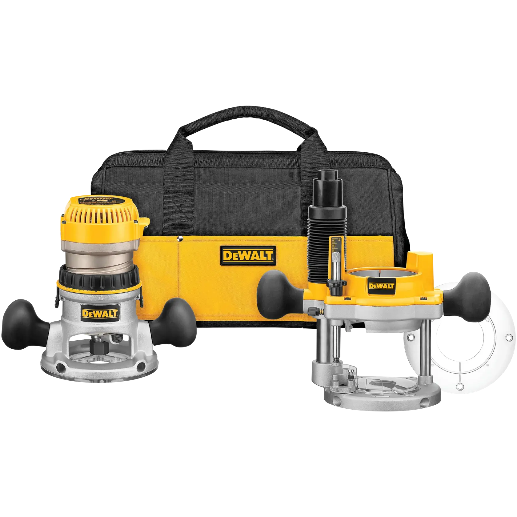 A DEWALT wood router kit is shown, including two yellow and black router bases, a router motor, and a black and yellow carrying bag. The kit is arranged on a white background.