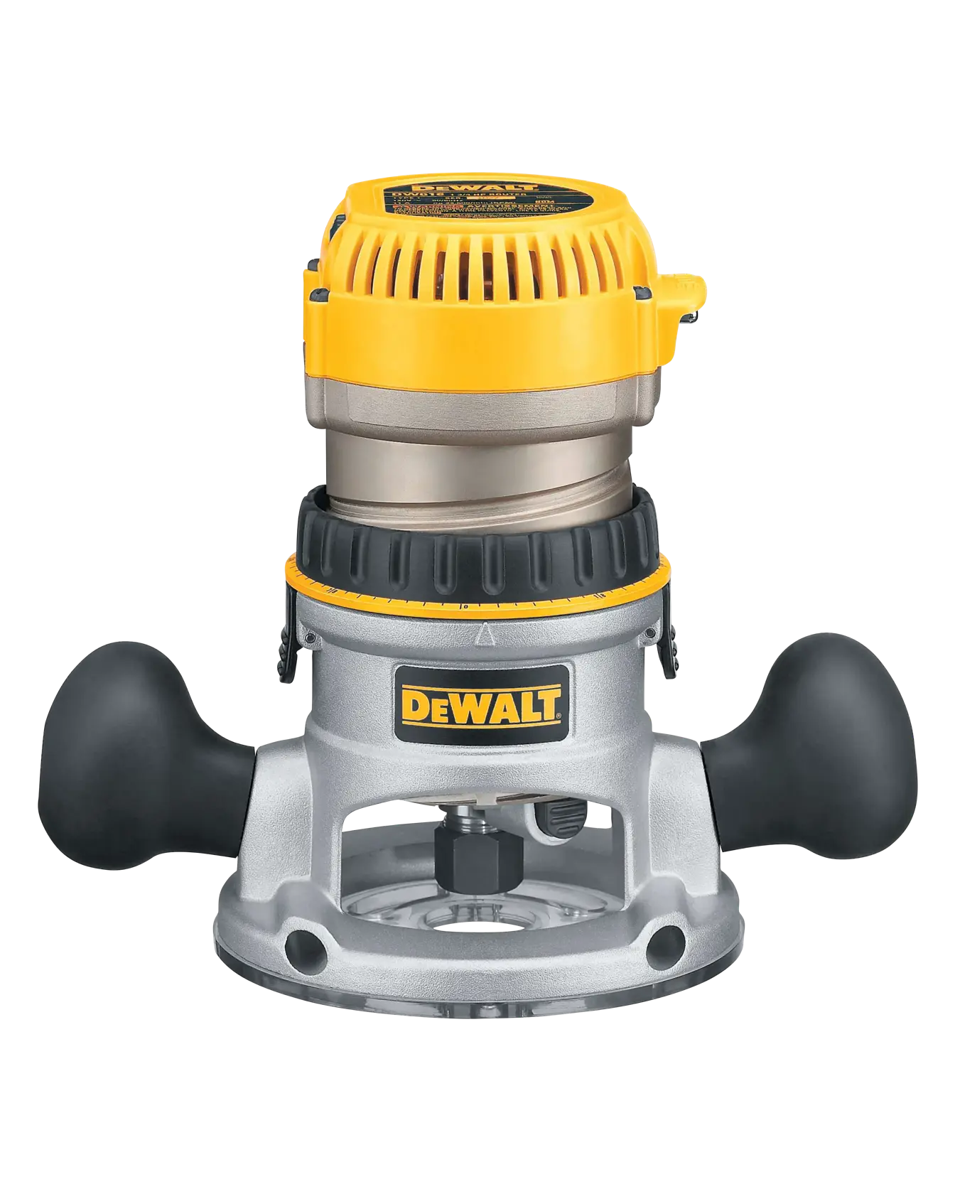 A DEWALT DW618 router, a power tool with a yellow and silver body and black handles, used for woodworking and shaping edges.