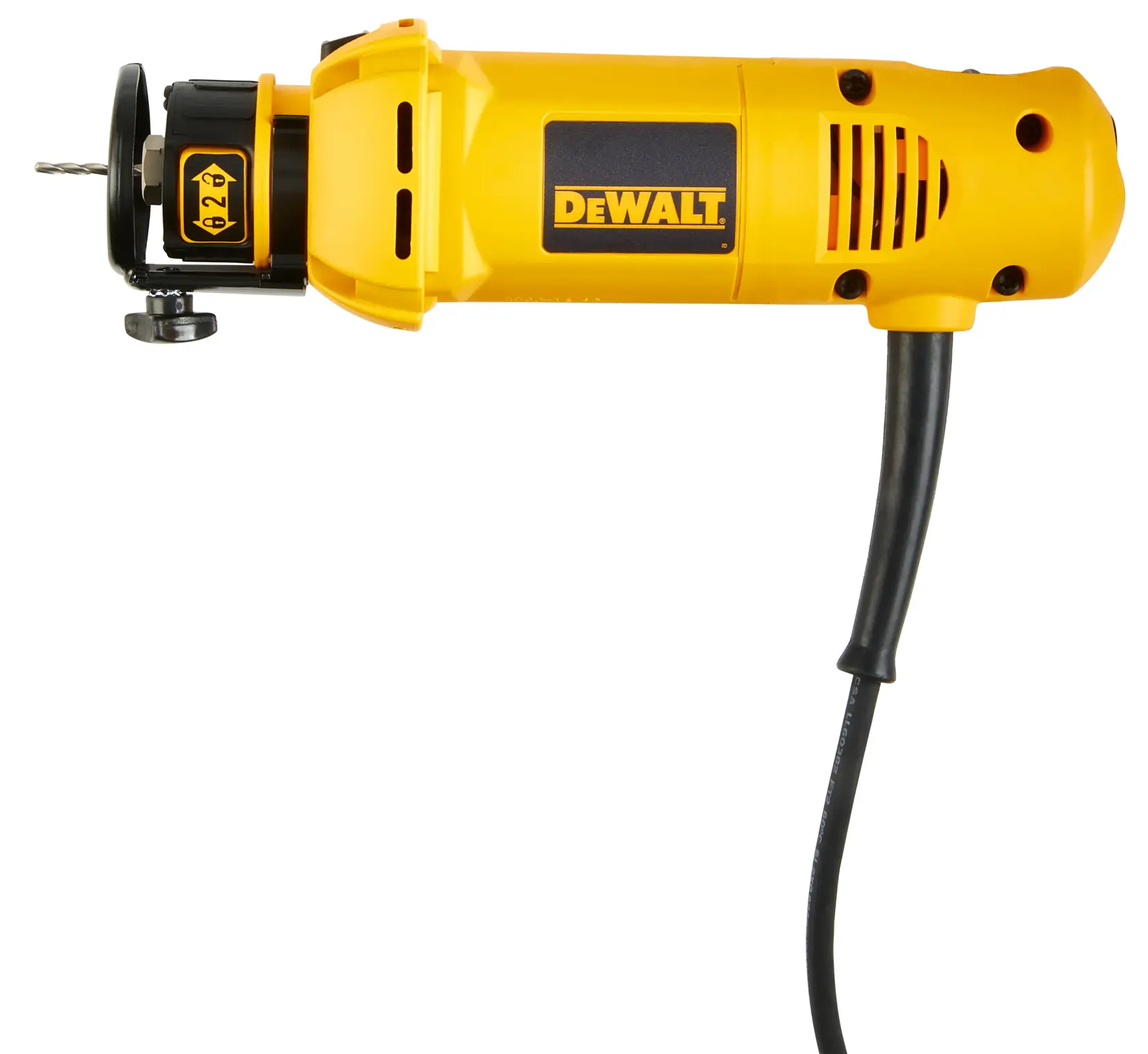 A DEWALT electric rotary tool with a yellow body, black cord, and a drill bit attached at the end, shown against a white background.