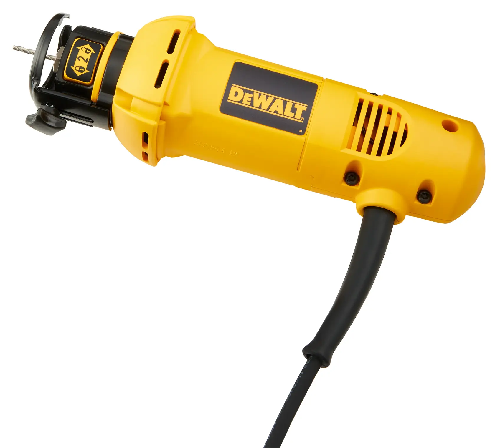 A yellow DEWALT DW660 electric rotary tool with a black cord, shown close up. The tool is designed for cutting and drilling materials and has ventilation slots on the side.