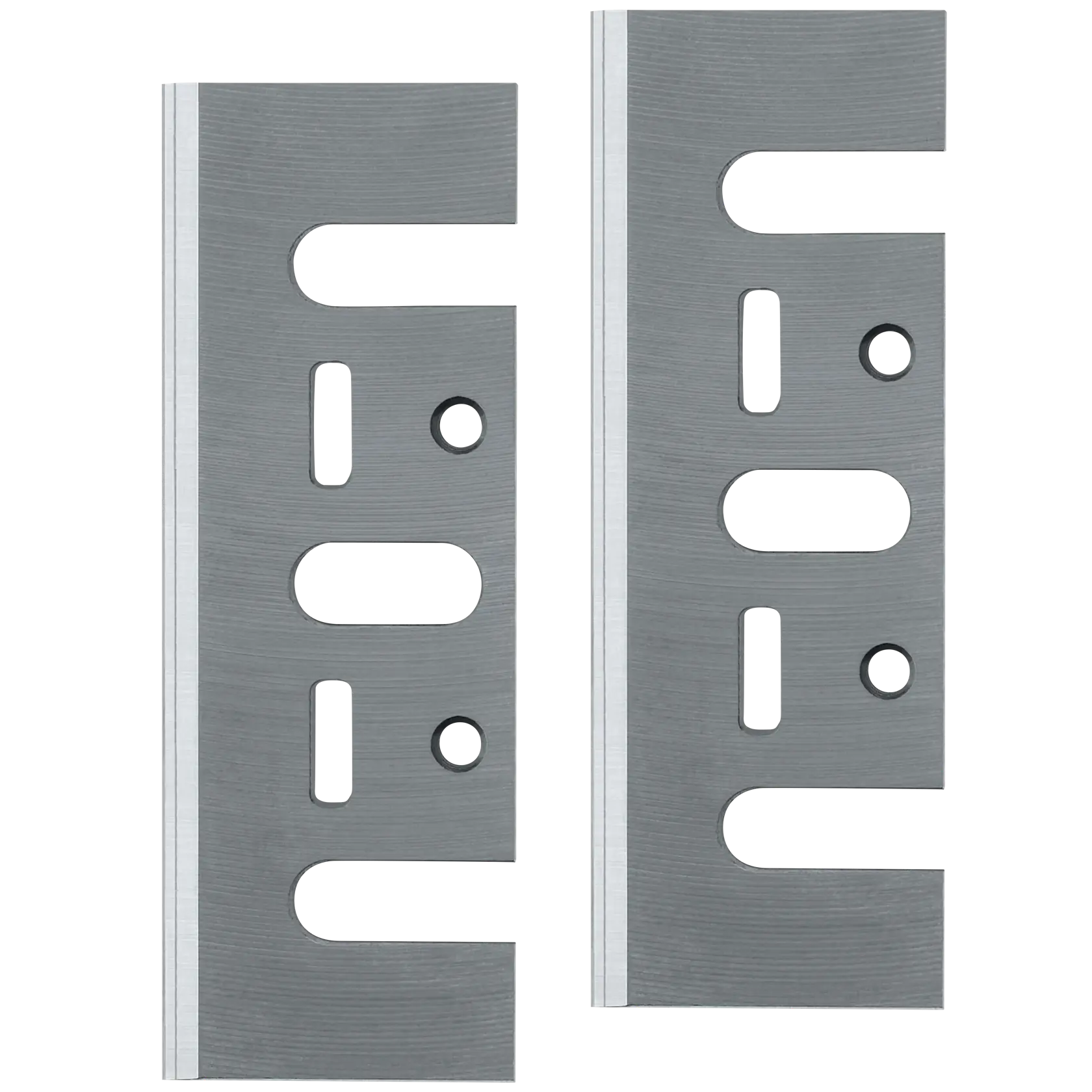 Pair of rectangular metal planer blades with multiple cutouts and holes, designed for woodworking and compatible with DEWALT tools.