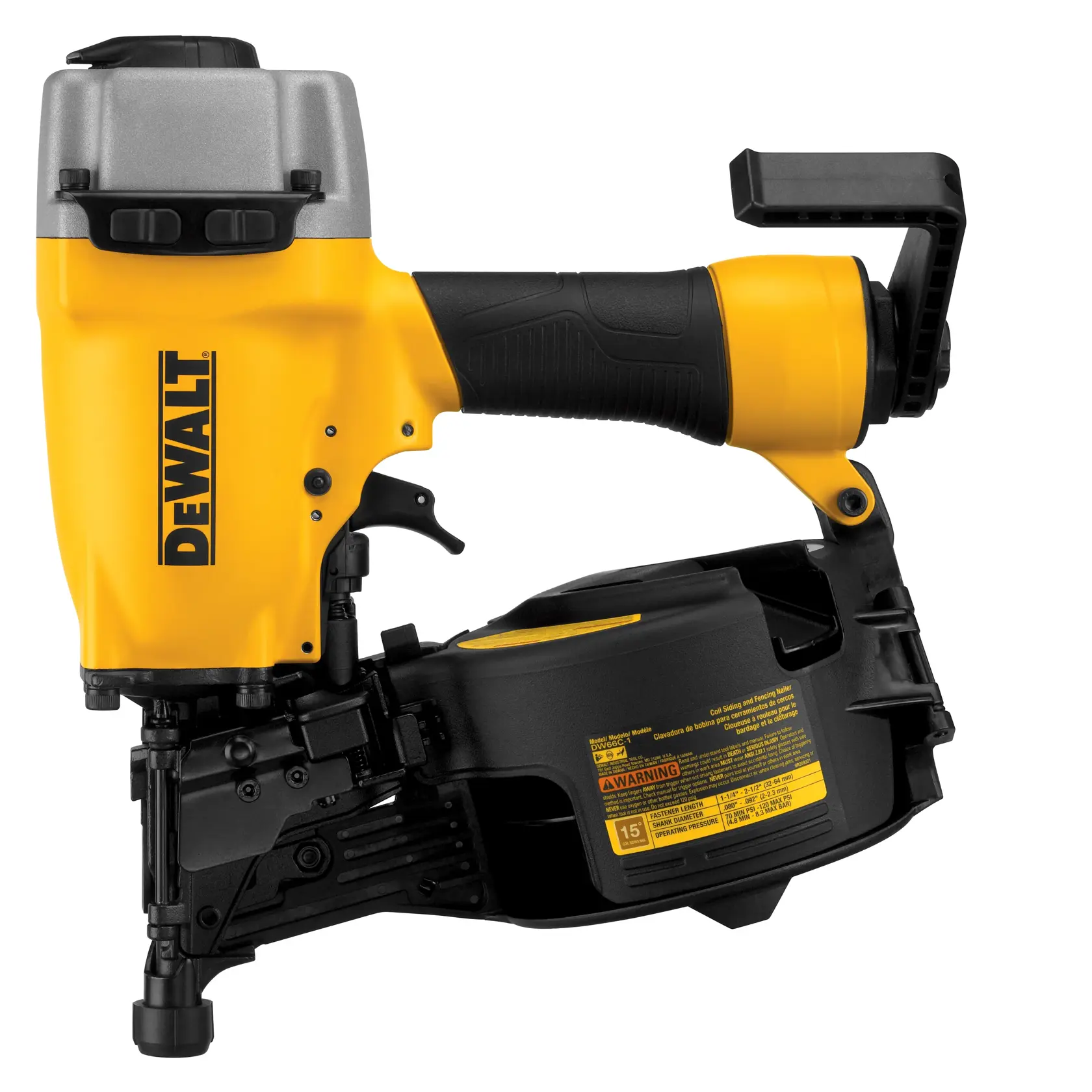 A DEWALT DW66C-1 coil nailer, featuring a yellow and black body with a handle and magazine for nails, used in construction and woodworking applications.