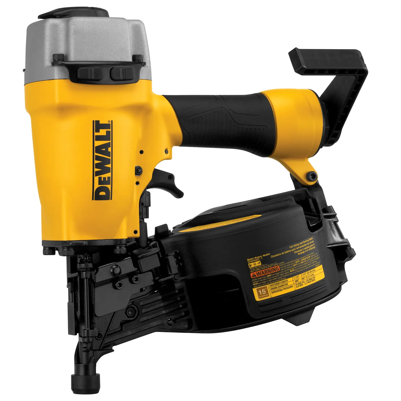 A DEWALT DW66C-1 pneumatic coil siding nailer with a yellow and black body, ergonomic handle, and magazine for coil nails. The tool is shown in a side view against a white background.