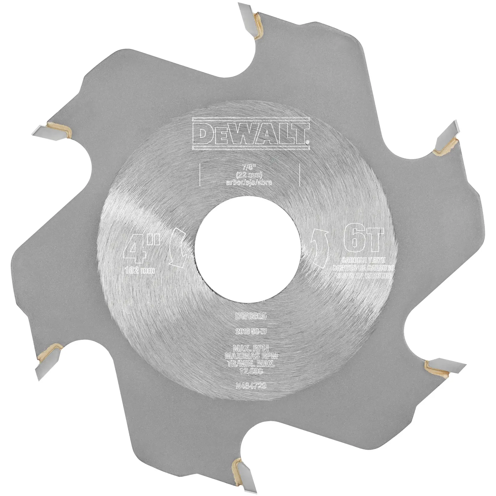DEWALT DW6805 4-inch, 6-tooth steel saw blade with carbide tips for woodworking.