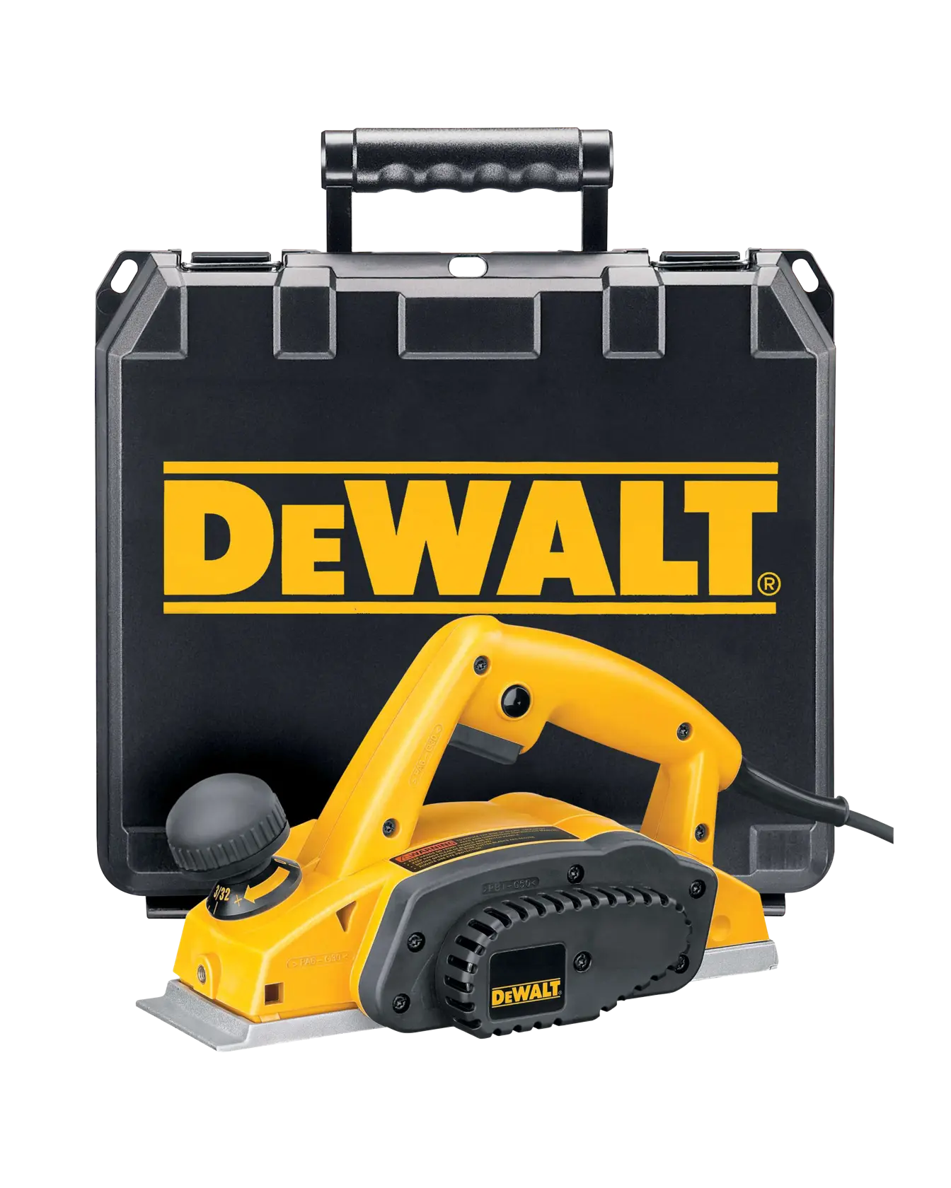 A yellow DEWALT electric hand planer placed in front of a black DEWALT carrying case.