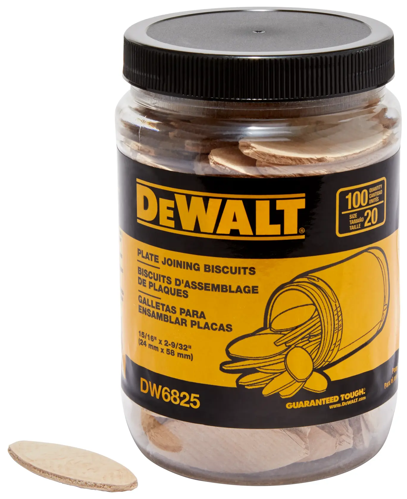 A jar of DEWALT plate joining biscuits, SKU DW6825, with a black lid and yellow label showing product details. One wooden biscuit is placed outside the jar.