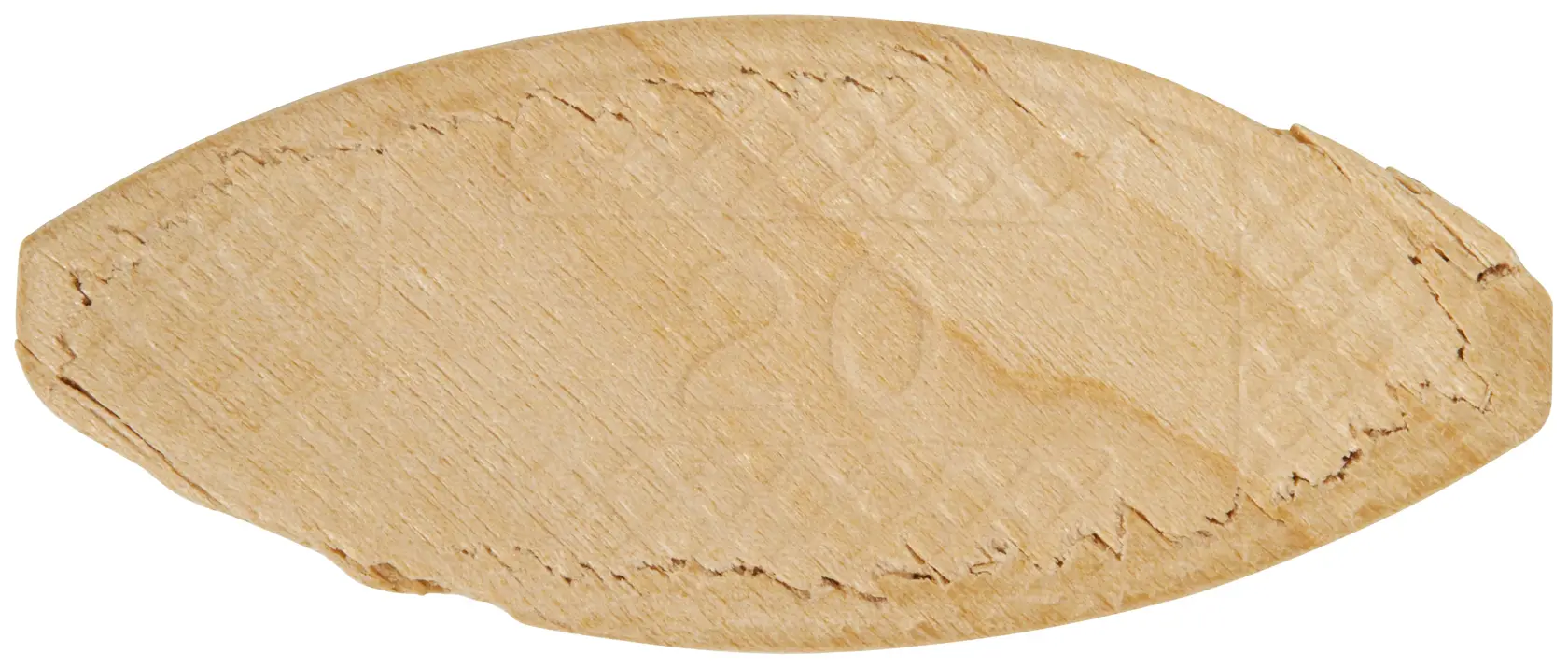 A close-up view of a wooden biscuit used for woodworking joints, shaped as an oval and made from compressed wood.