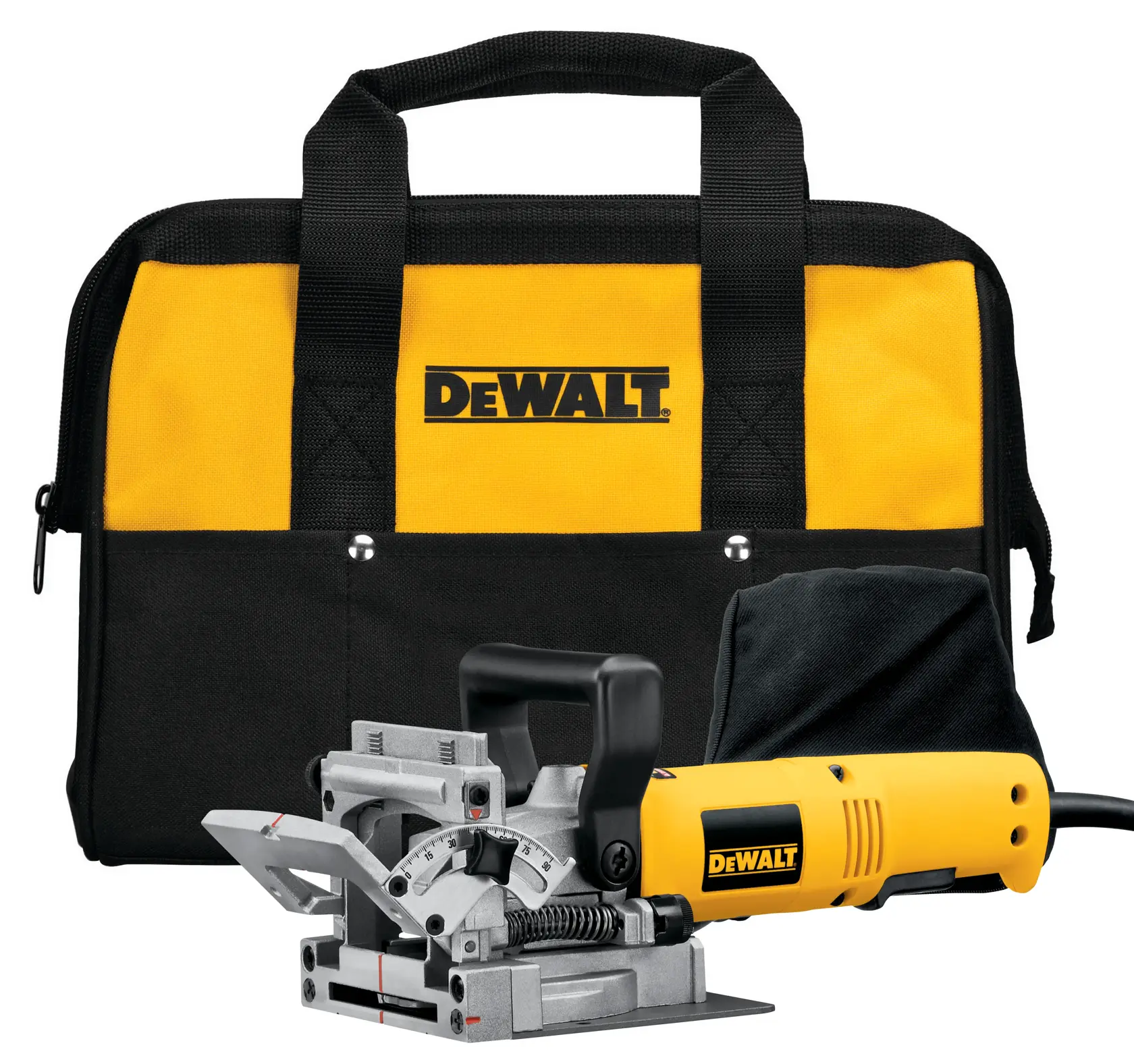 A DEWALT biscuit joiner tool is shown in front of a yellow and black DEWALT carrying bag. The joiner has a yellow body, black handle, and metal front, with a dust bag attached.