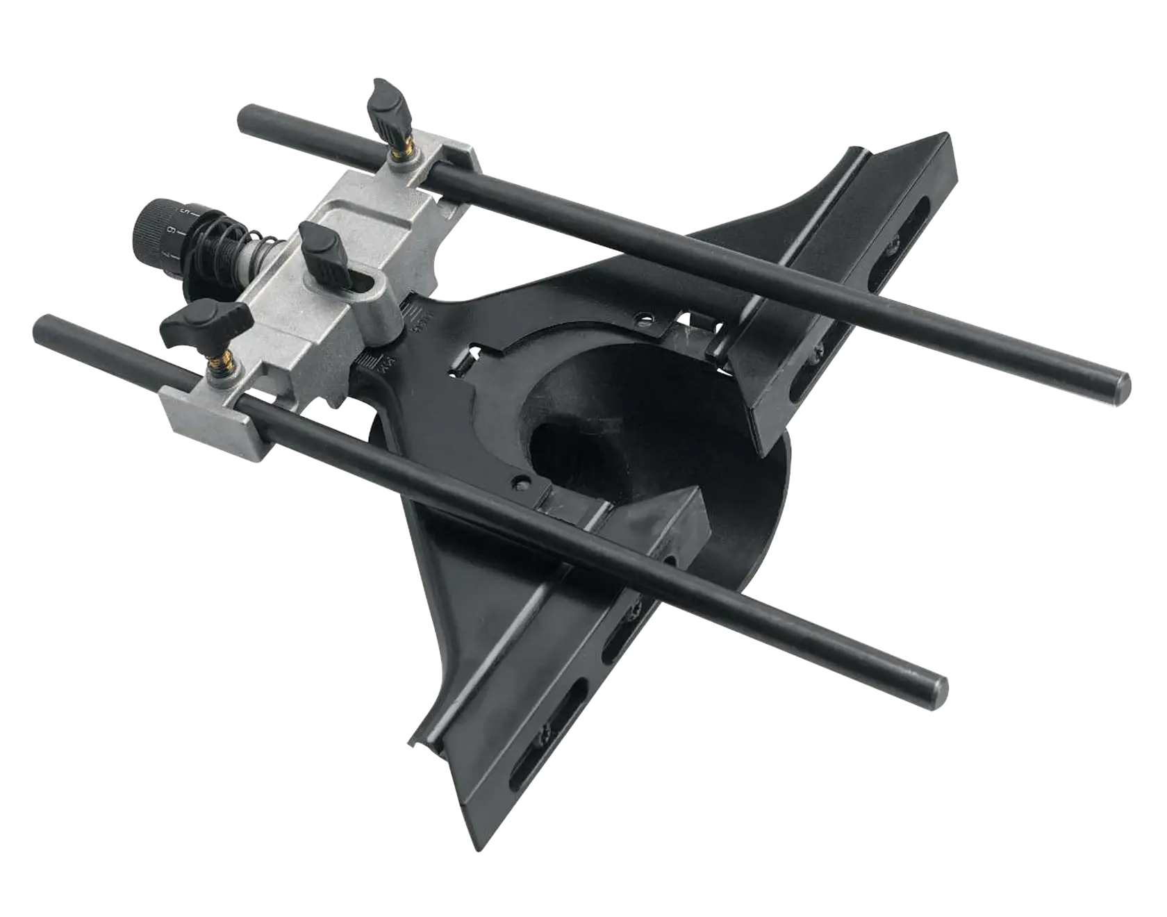 A DEWALT router edge guide, model DW6913, made of metal and plastic with two adjustable rods and knobs designed for precision woodworking.
