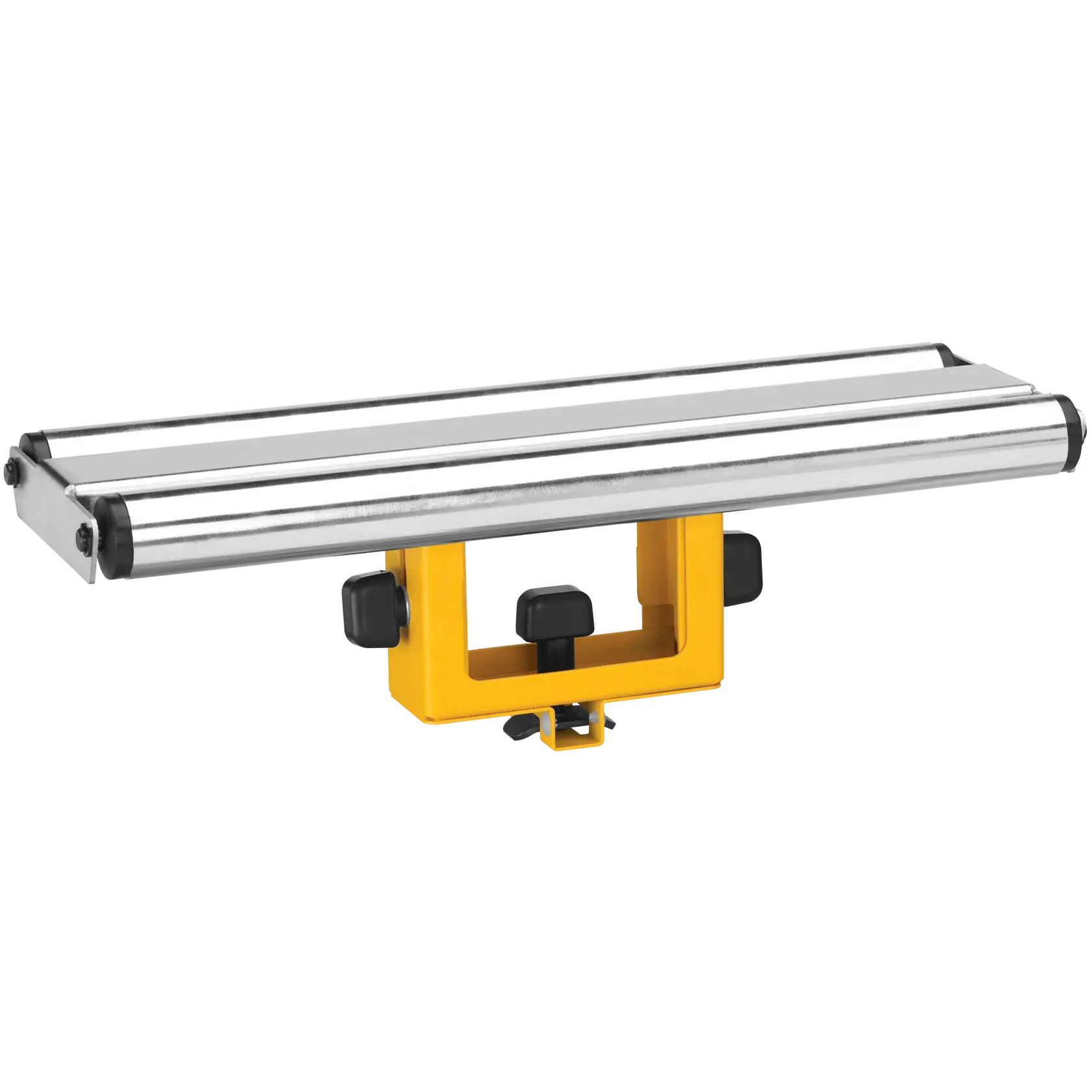 A DEWALT DW7027 metal roller support with a yellow base, used as an accessory for miter saw stands.