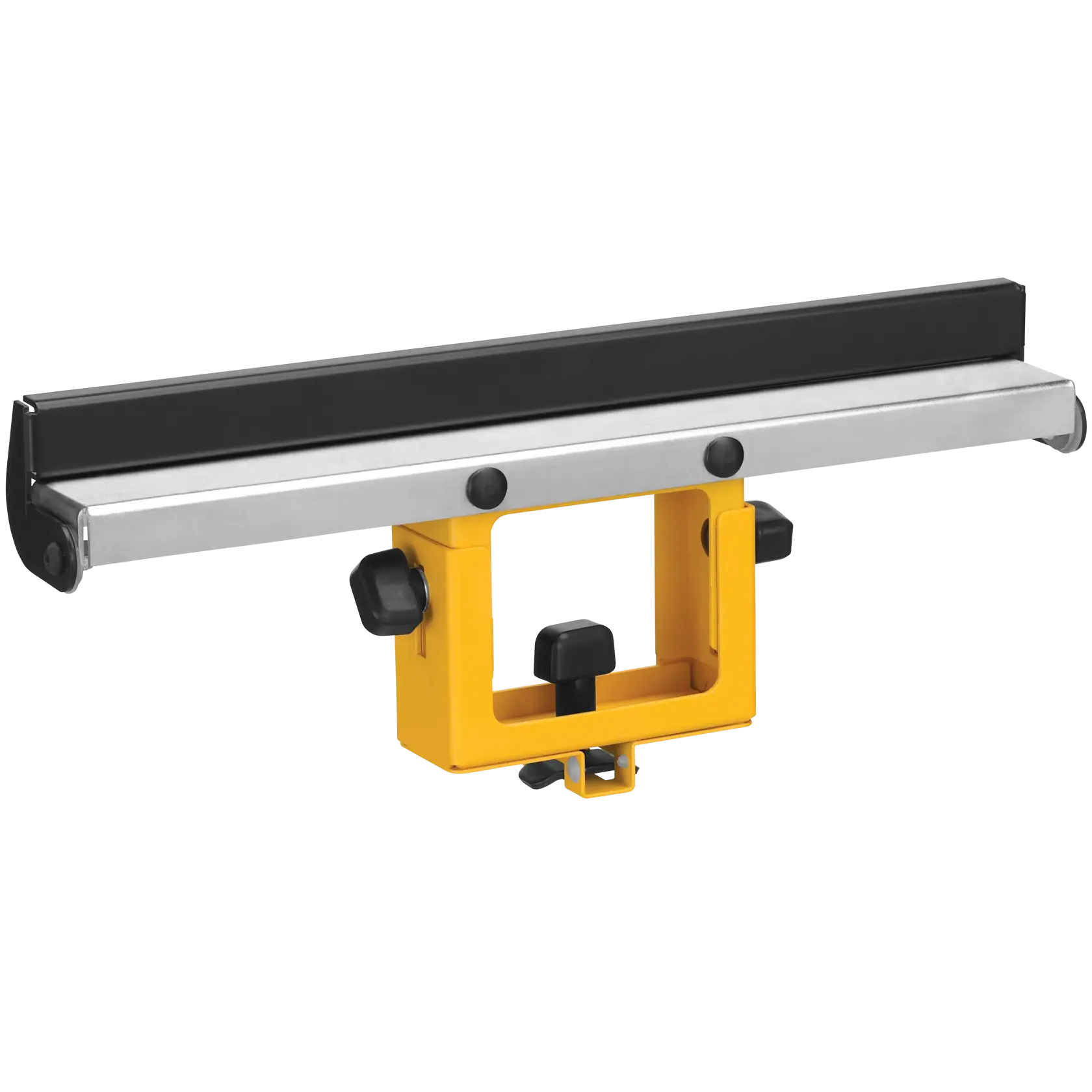 A DEWALT DW7029 miter saw stand extension with a yellow and black adjustable support arm, designed for holding long workpieces. The product features adjustment knobs and a metal rail for stability.