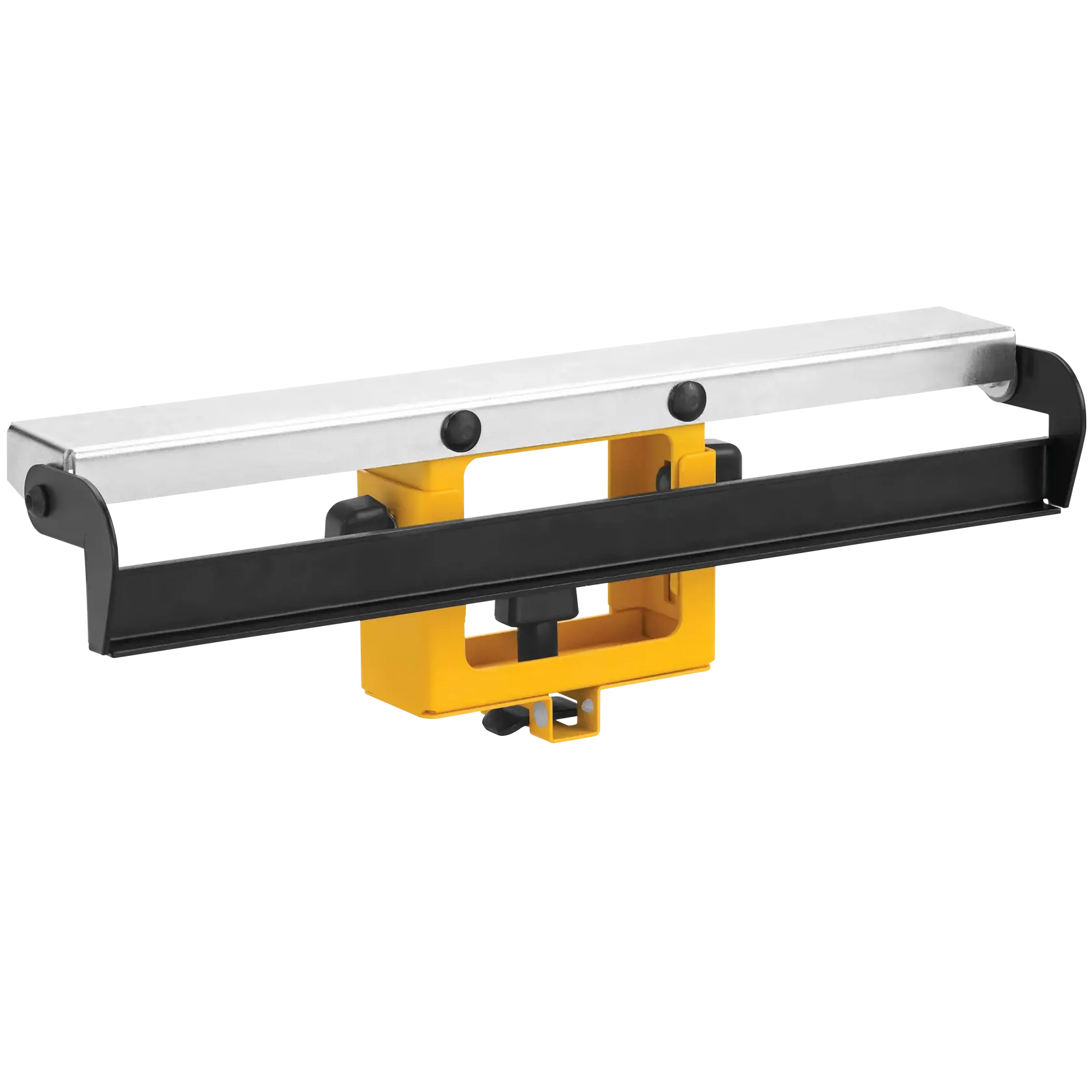 A DEWALT DW7029 adjustable material stop accessory, featuring a yellow and black base with a silver horizontal bar on top. The accessory is used for positioning and securing materials on a miter saw stand.