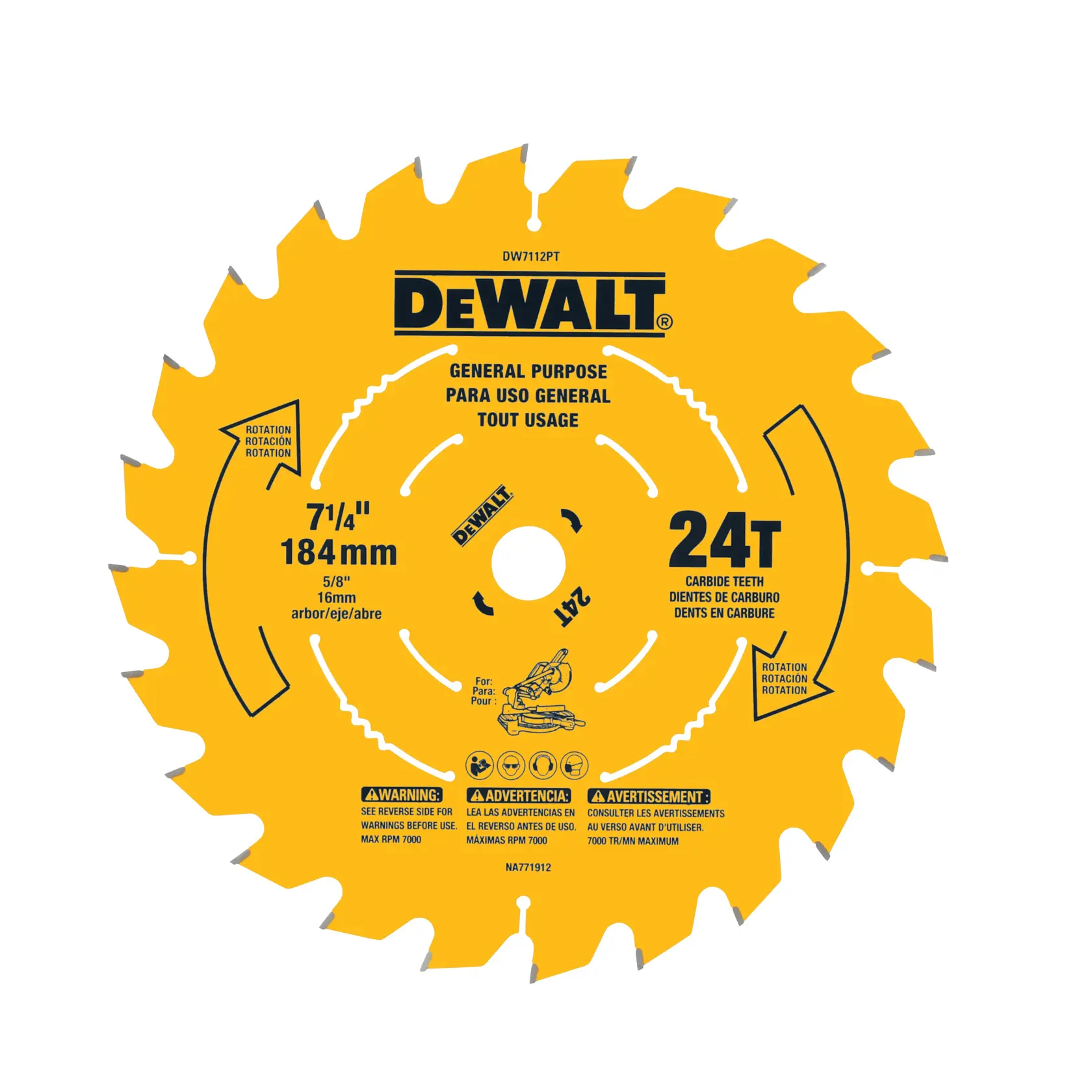 A yellow DeWalt circular saw blade labeled as 'General Purpose' with 24 carbide teeth, 7-1/4 inch (184 mm) diameter, and 5/8 inch (16 mm) arbor size. The blade features multi-language safety warnings, rotation direction arrows, and usage icons for general cutting tasks.