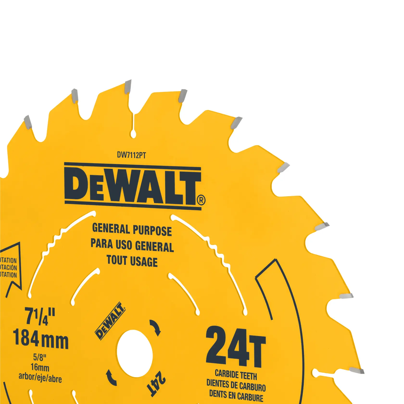 A close-up image of a yellow DeWALT circular saw blade. The blade is labeled for general purpose use, with specifications including 7-1/4 inch (184 mm) diameter, 5/8 inch (16 mm) arbor, and 24 carbide teeth. The DeWALT logo is prominently displayed at the center.