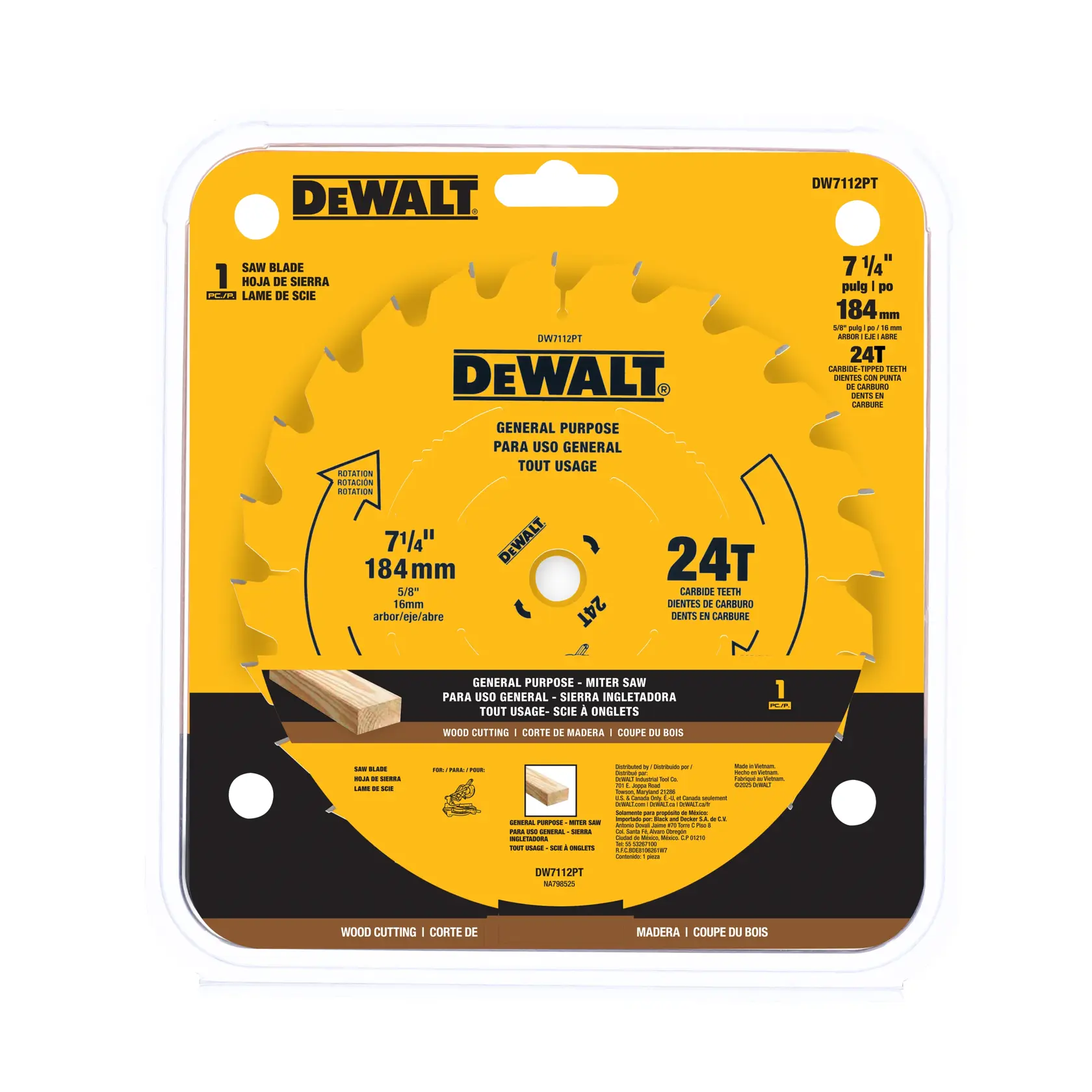 Packaging of a DEWALT general purpose saw blade. The package shows a circular saw blade with 24 carbide teeth, designed for wood cutting. Blade diameter is 7-1/4 inches (184 mm) with a 5/8 inch arbor hole, suitable for miter saws. The packaging is mostly yellow with product details and wood cutting illustration.