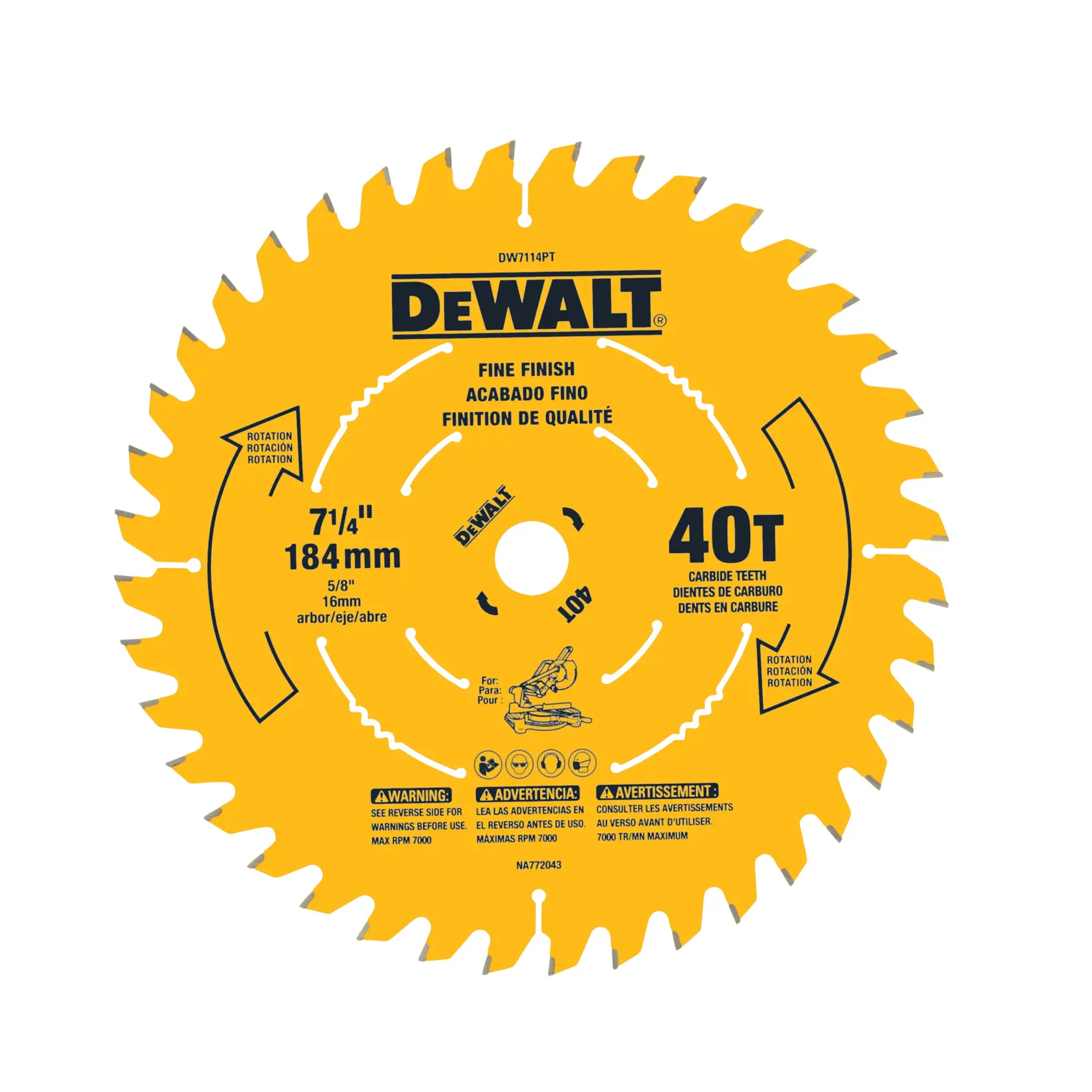 Yellow circular saw blade labeled 'DEWALT' with specifications including 7 1/4 inch (184mm) diameter, 40 carbide teeth, and fine finish. The blade also displays multilingual warnings and usage instructions for maximum RPM and intended use on miter saws.