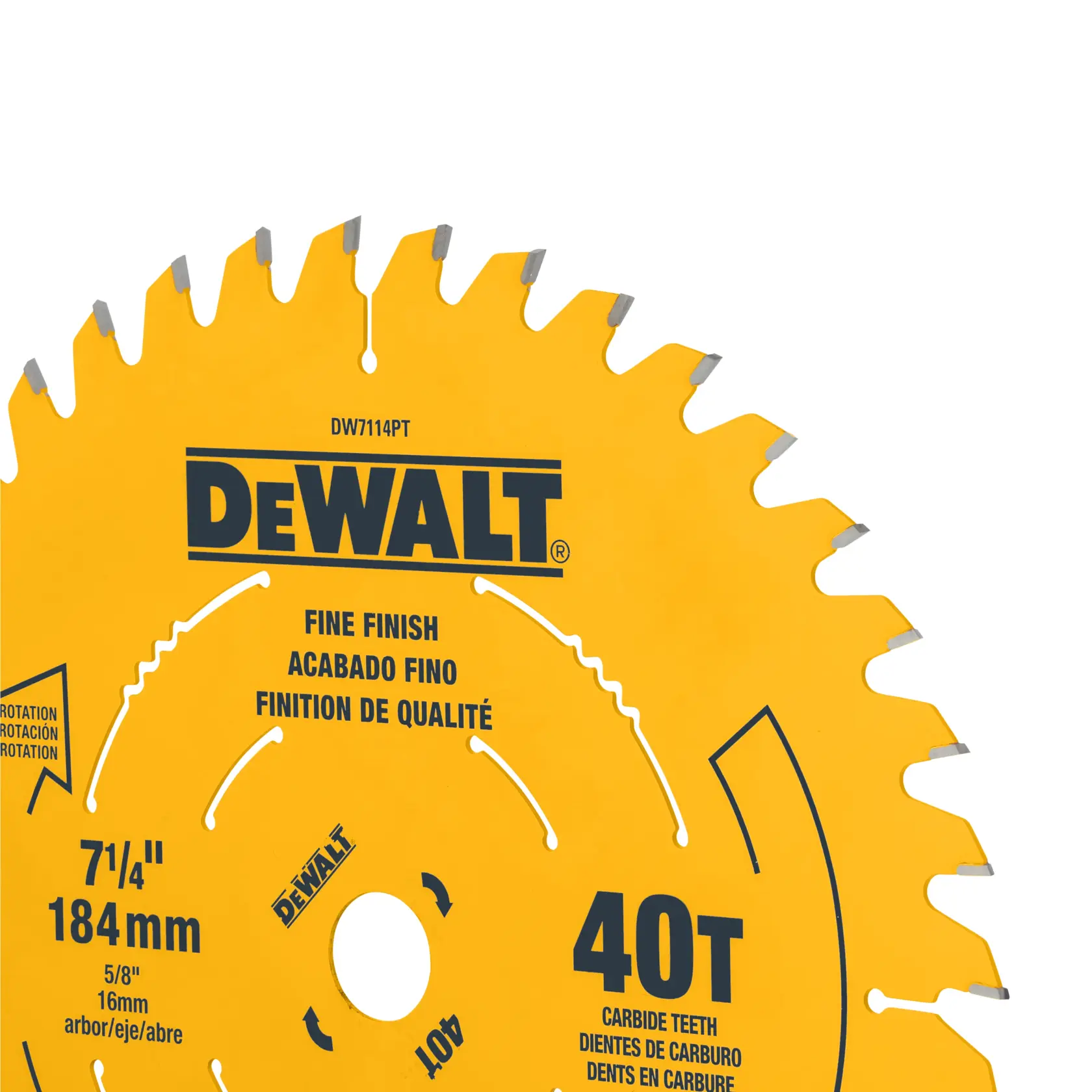 Close-up of a yellow DEWALT circular saw blade with 40 carbide teeth, labeled as fine finish, 7-1/4 inch (184 mm) size, and 5/8 inch (16 mm) arbor.