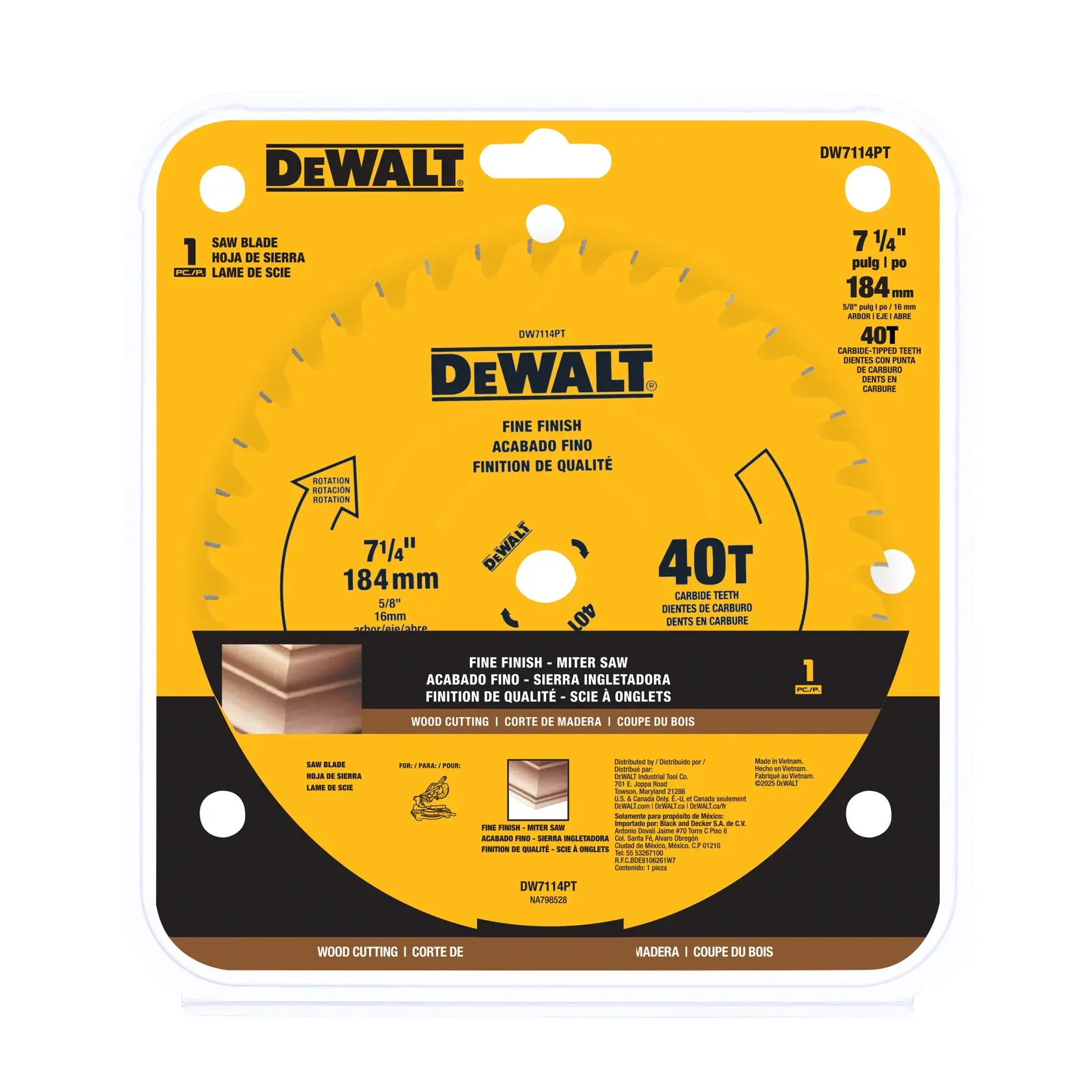 DeWalt saw blade packaging featuring a 7-1/4 inch (184 mm) circular saw blade with 40 carbide teeth, designed for fine finish wood cutting with a miter saw. The packaging is yellow and black, displaying product specifications and the DeWalt logo.