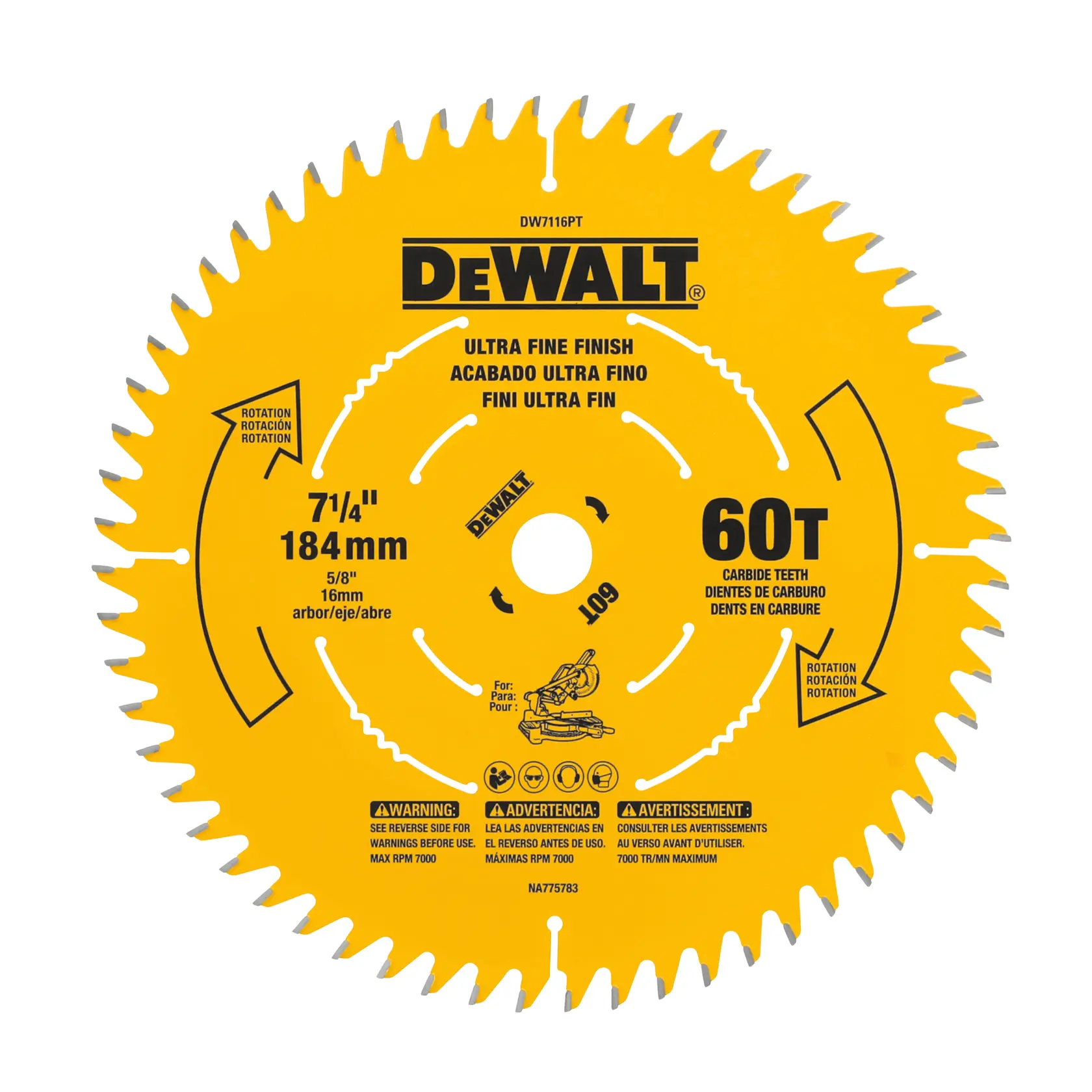 A yellow DEWALT circular saw blade featuring carbide teeth and labeled as ultra fine finish. The blade has a diameter of 7 1/4 inches (184 mm) with 60 teeth, and is designed for a 5/8 inch (16 mm) arbor. There are rotation direction arrows and safety warnings printed on the blade.