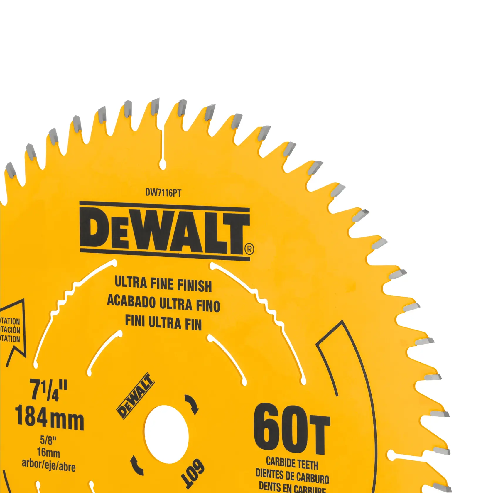 Close-up of a DeWALT circular saw blade, yellow in color, labeled as 'Ultra Fine Finish' with 60 carbide teeth. The blade size is 7-1/4 inches (184 mm) with a 5/8 inch (16 mm) arbor.