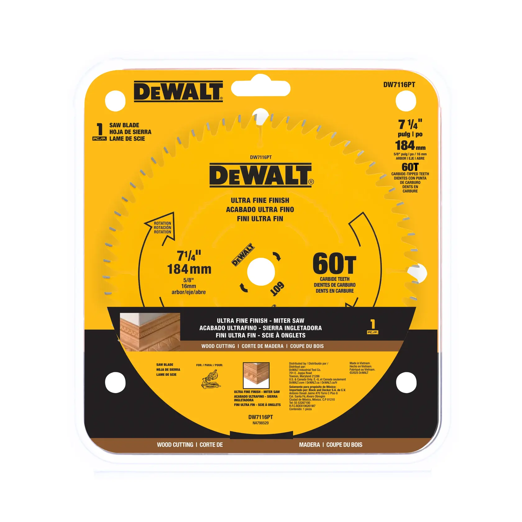 A packaged DEWALT ultra fine finish saw blade for miter saws, featuring 60 carbide teeth. The blade size is 7 1/4 inches (184 mm) and it is designed for wood cutting. The packaging is yellow and black, displaying product specifications and usage information.