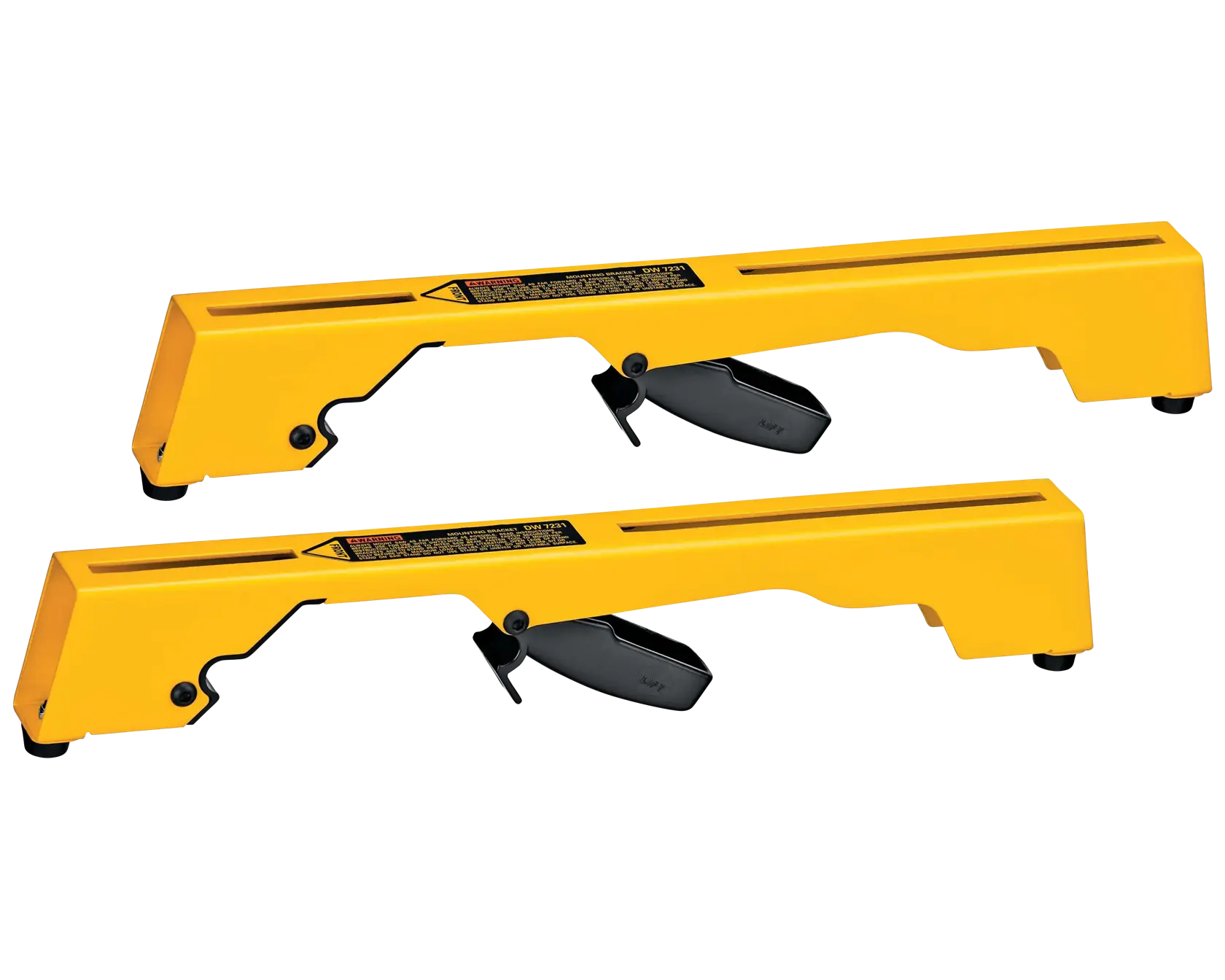 A pair of DEWALT DW7231 yellow tool mounting brackets with black levers, designed for use with woodworking and photography equipment.