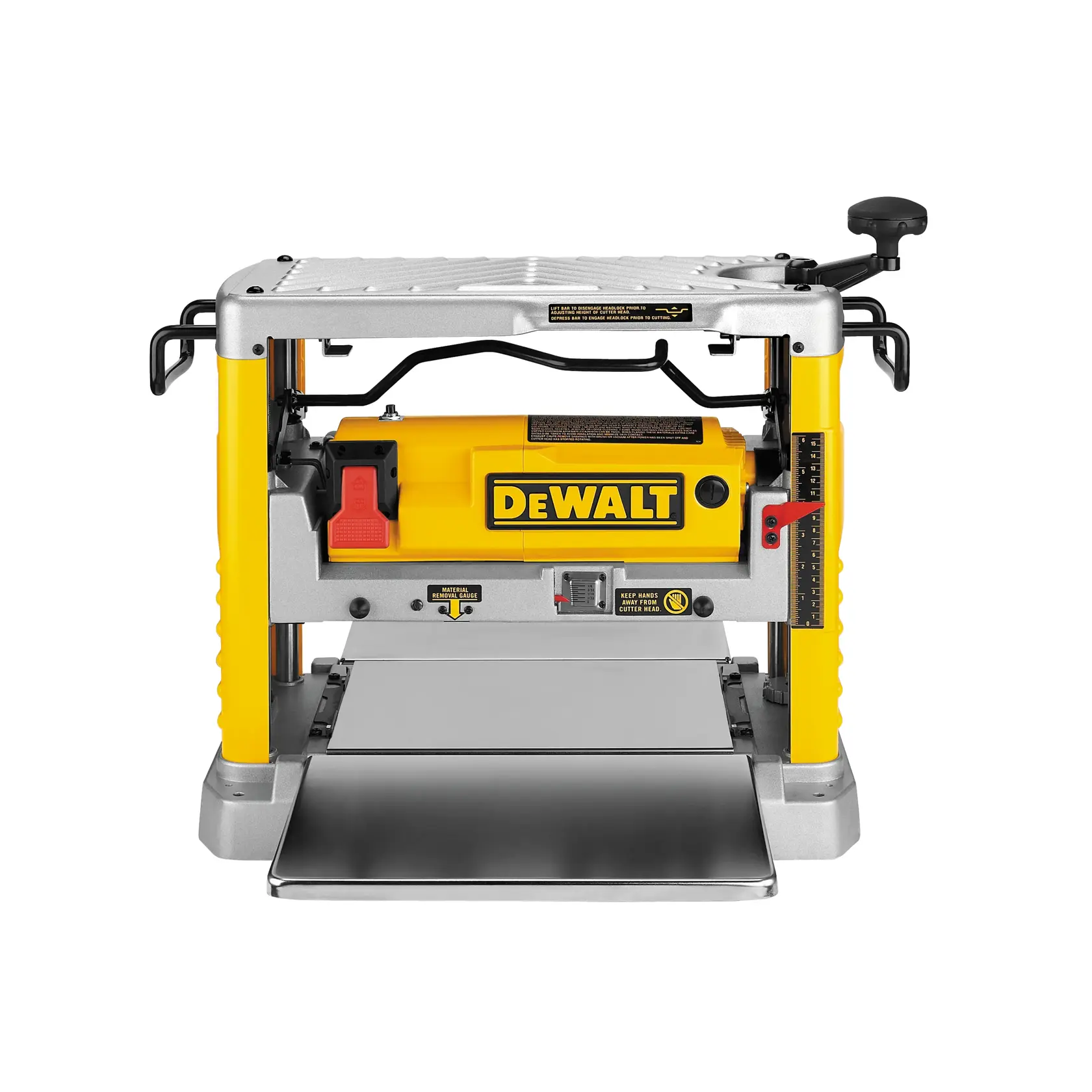 Front view of a DEWALT DW734 planer, yellow and silver with controls, used for woodworking.