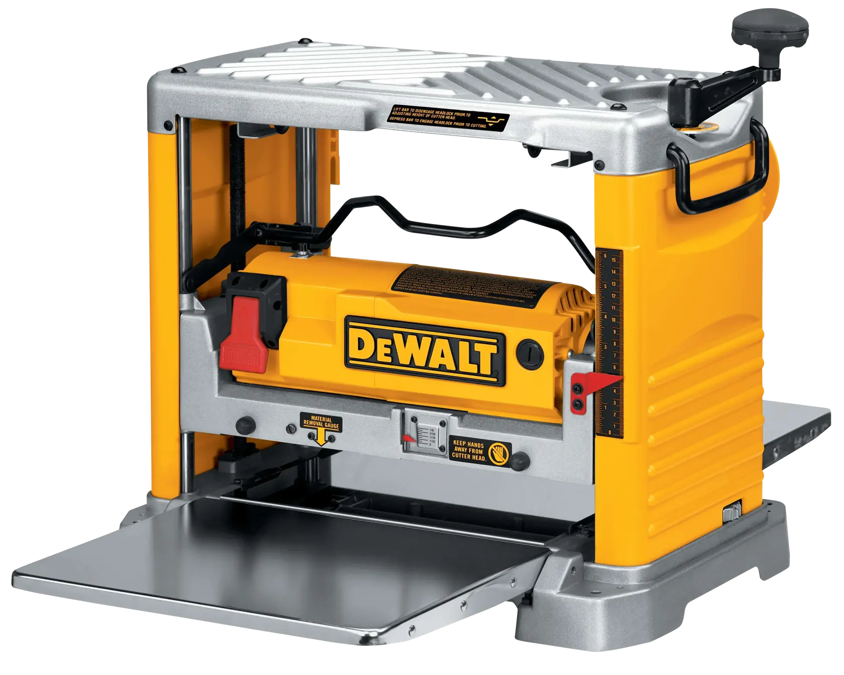 A DEWALT DW734 benchtop planer with a yellow and silver body, featuring a large flat metal table at the front for feeding wood and adjustment knobs on the side.