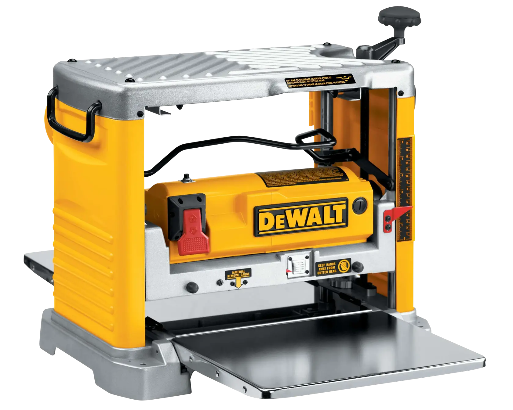 A DEWALT DW734 portable thickness planer in yellow and silver colors, featuring a sturdy metal base, a control handle on top, and a front extension table for supporting wood.