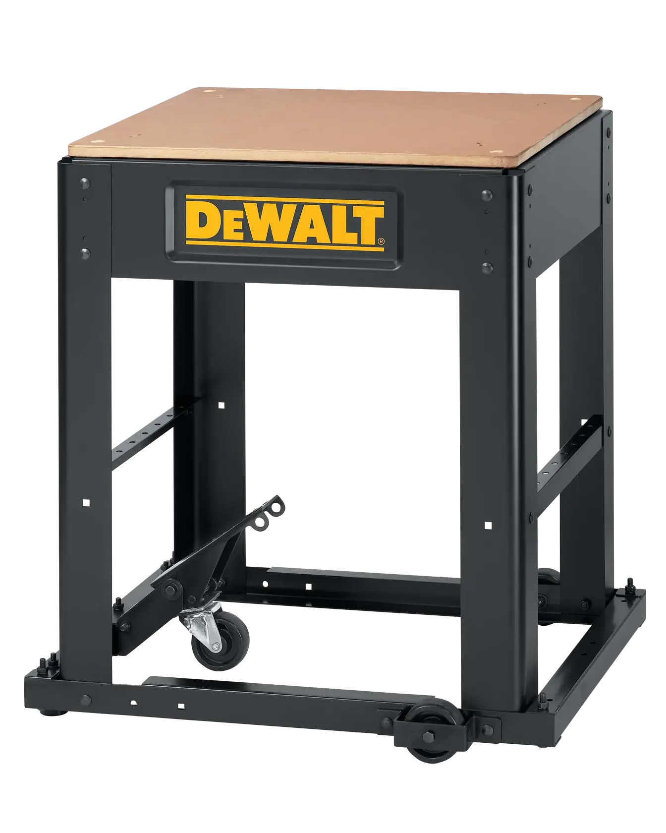 A DEWALT branded metal stand with a wooden top, featuring a wheeled caster for mobility. The frame is sturdy and designed for supporting heavy equipment.