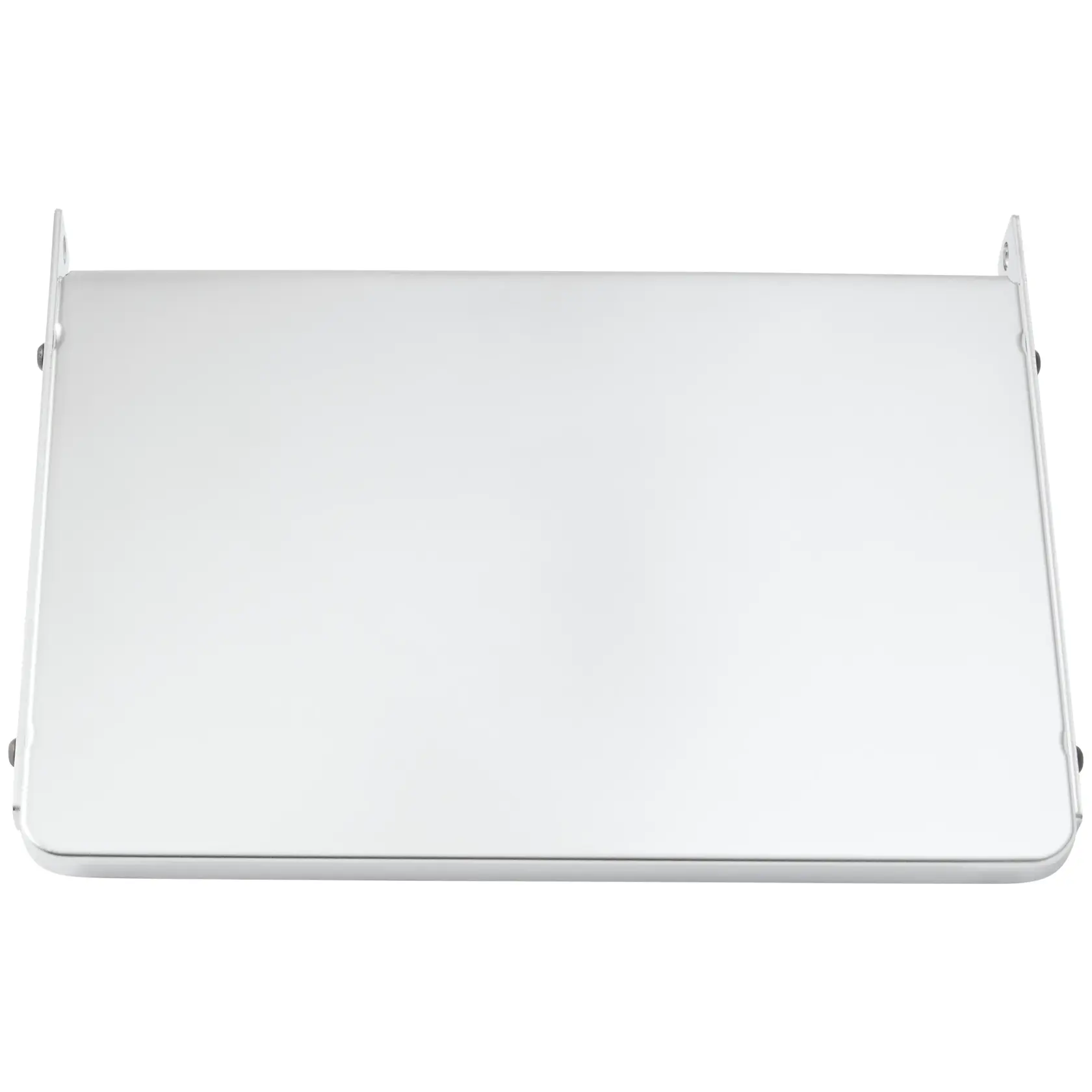 A metal extension table with a smooth, flat surface and mounting brackets on either side, photographed from above.