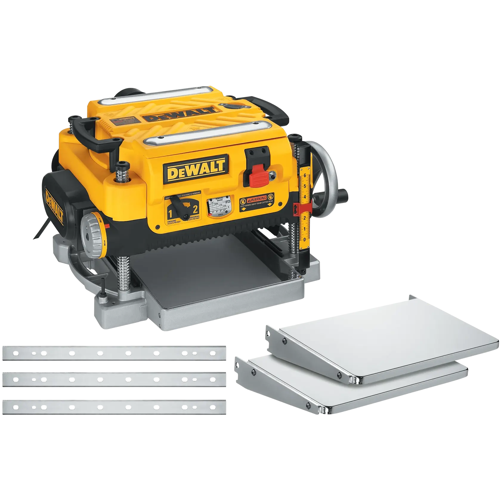 DEWALT DW735X thickness planer with accessories, including two silver extension tables and three metal blades, displayed on a white background.